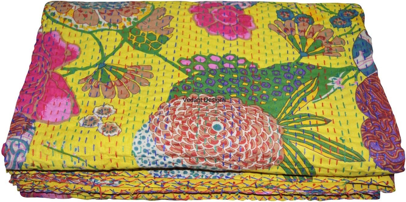 Floral Print Reversible Bedspread Pattern Pure Cotton Kantha Style Queen Size Quilt Bed Spread Floral & Fruit Print Decorative Kantha Stitch Quilt Pure Cotton Reversible Bedspread (90x108,)