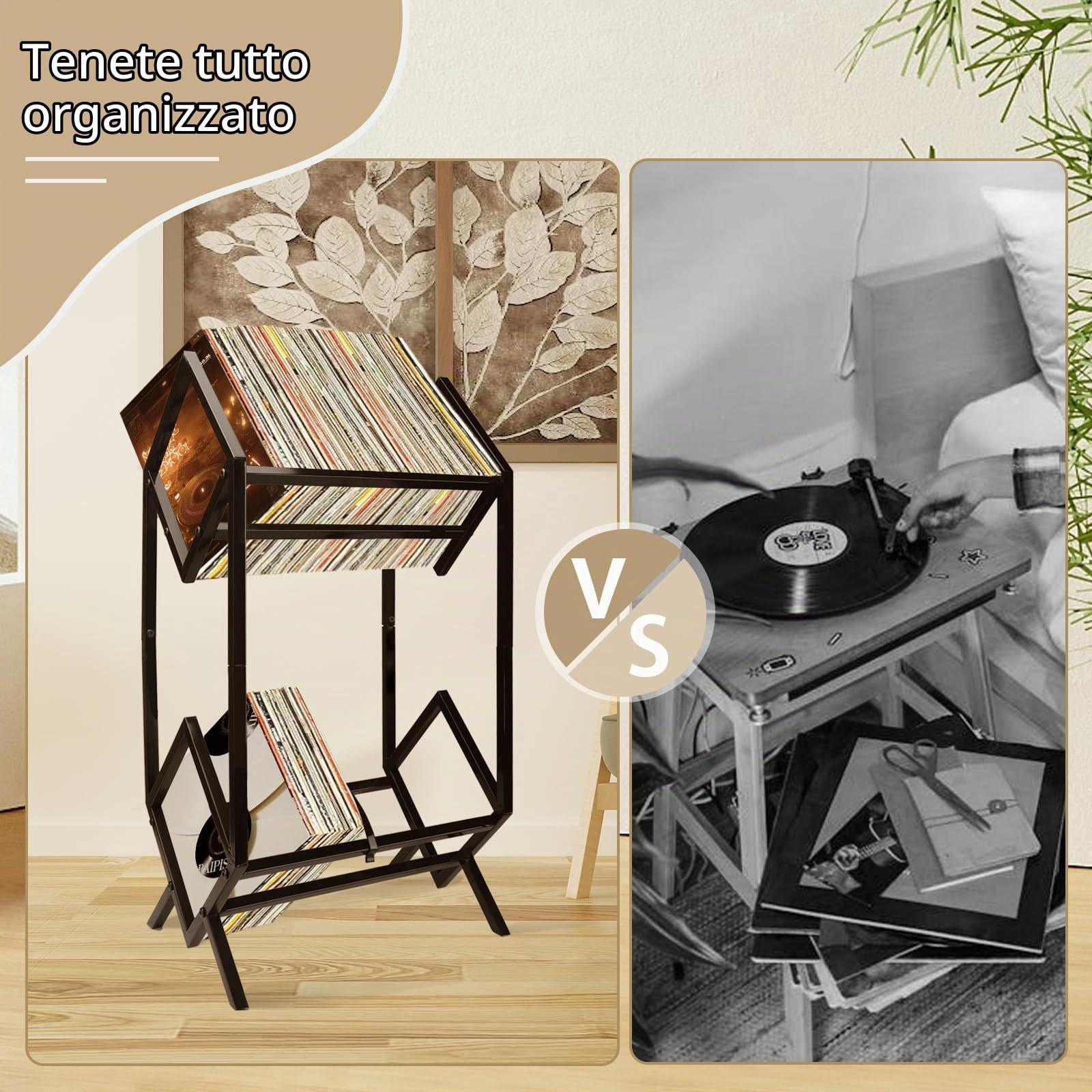 Scaffale per dischi in vinile, scaffale per album LP a 2 livelli, organizer per scaffali per dischi in vinile per la casa in stile retrò, espositore in metallo per album, libri, file di riviste