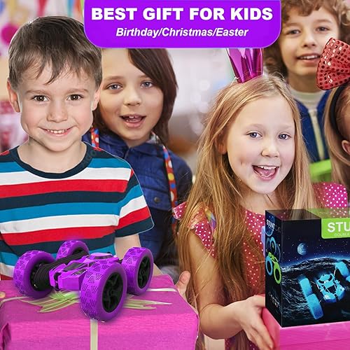 Vista 105 de Auto de control remoto para niños, auto de acrobacias RC giratorio de 360°, vehículo eléctrico 4WD de doble cara con luces LED, autos de juguete