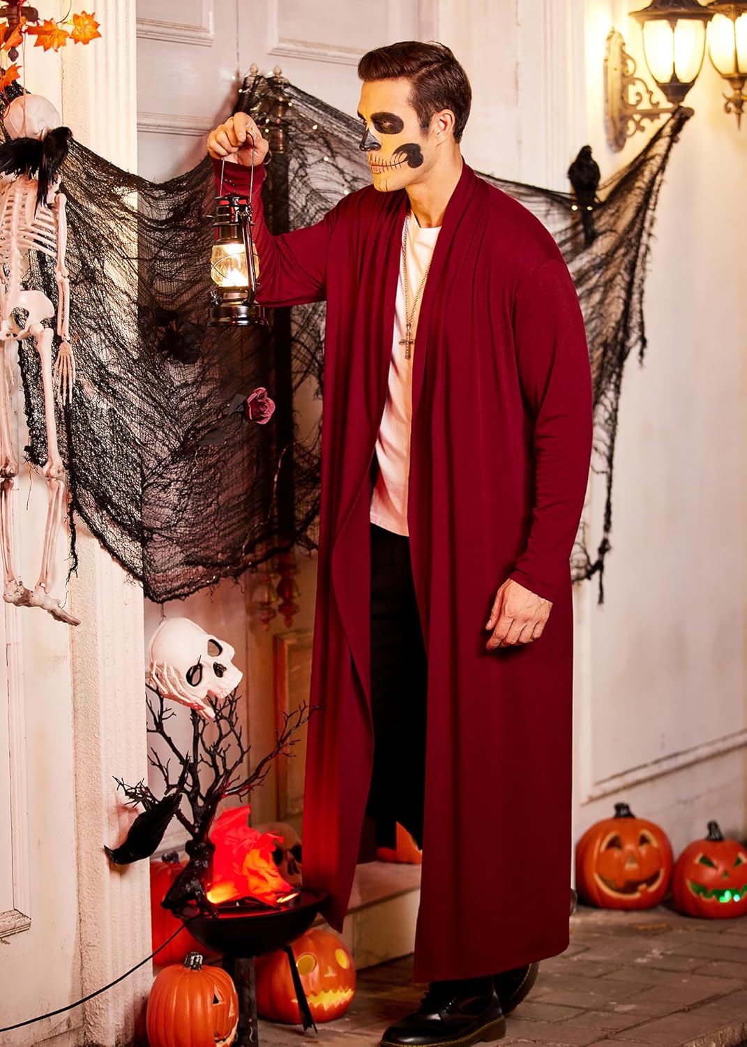 COOFANDY Men's Lightweight Ruffle Shawl Collar Cardigan Open Front Long Length Drape Cape Overcoat - Image 2