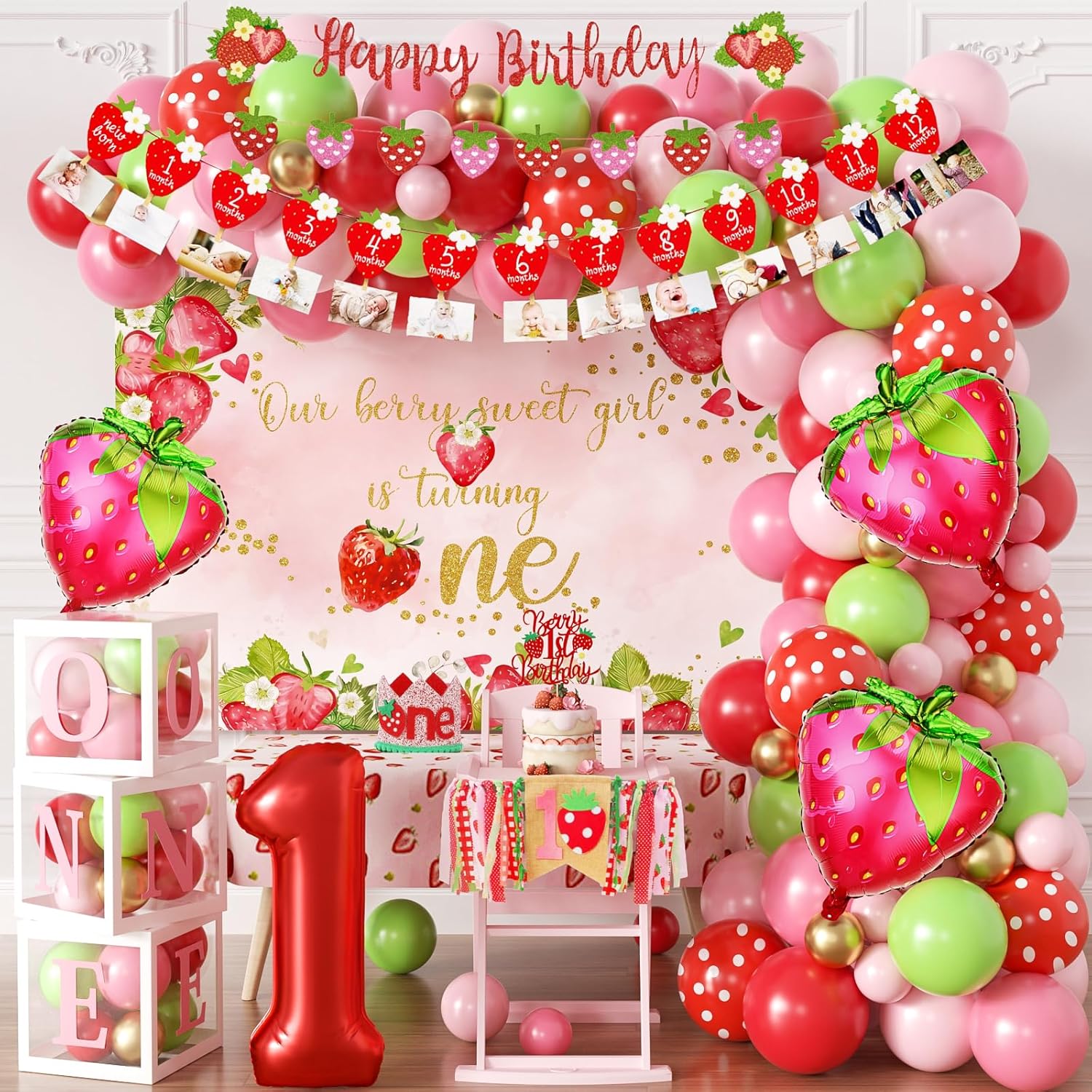 Strawberry 1st Birthday Decorations for Girls - Berry First Birthday Decor - Berry Sweet One Themed Party Supplies Kit with Balloon Arch, Highchair Banner, Backdrop, Cake Topper & Crown