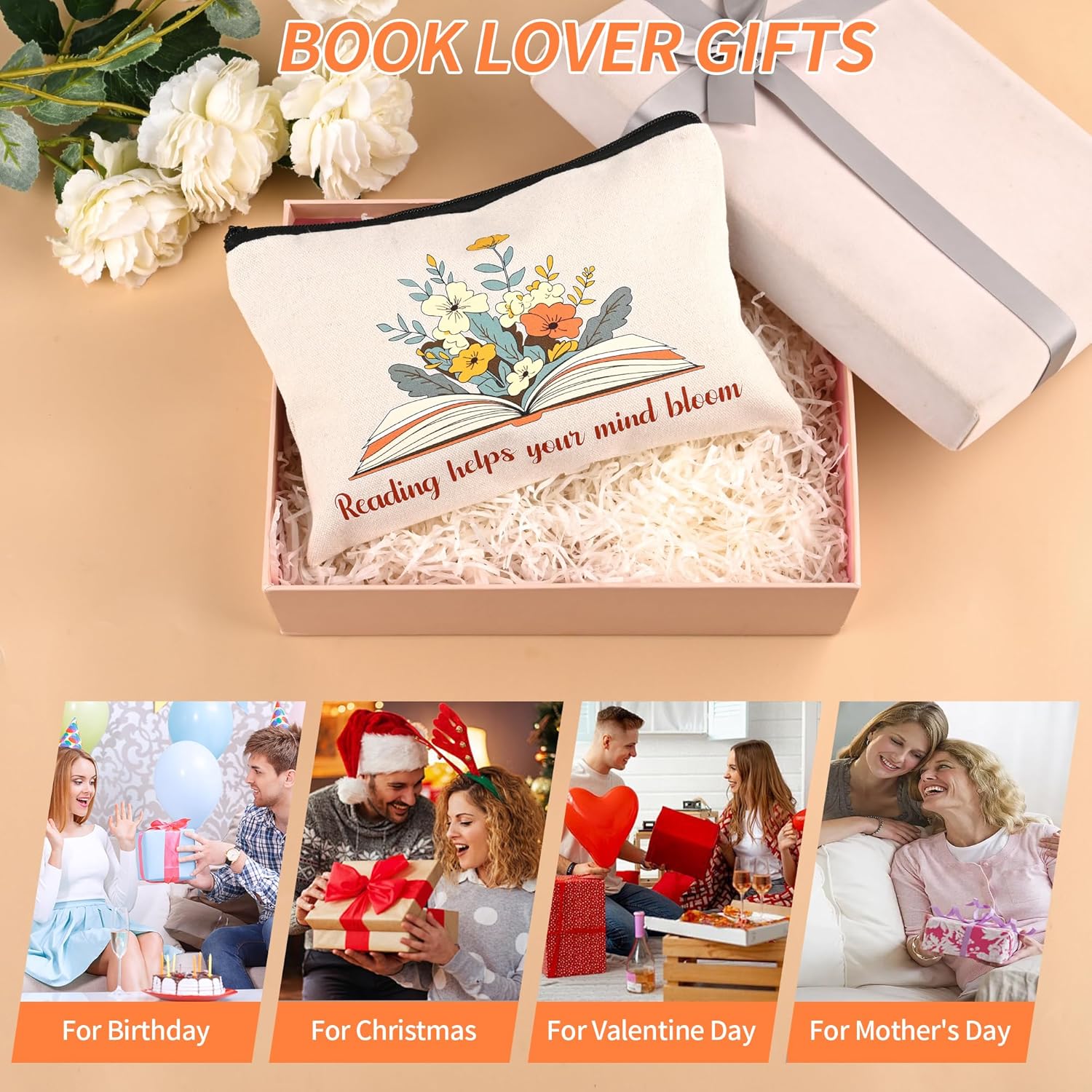 8 Pcs Book Lover Gifts for Women Bookish Gifts in Bulk Mothers Day, Birthday Christmas Gifts for Book Lovers Ideas Cute Bookworms Makeup Bag Makeup Pouch Cosmetic Bag for Librarians Gifts (Orange) - Image 5