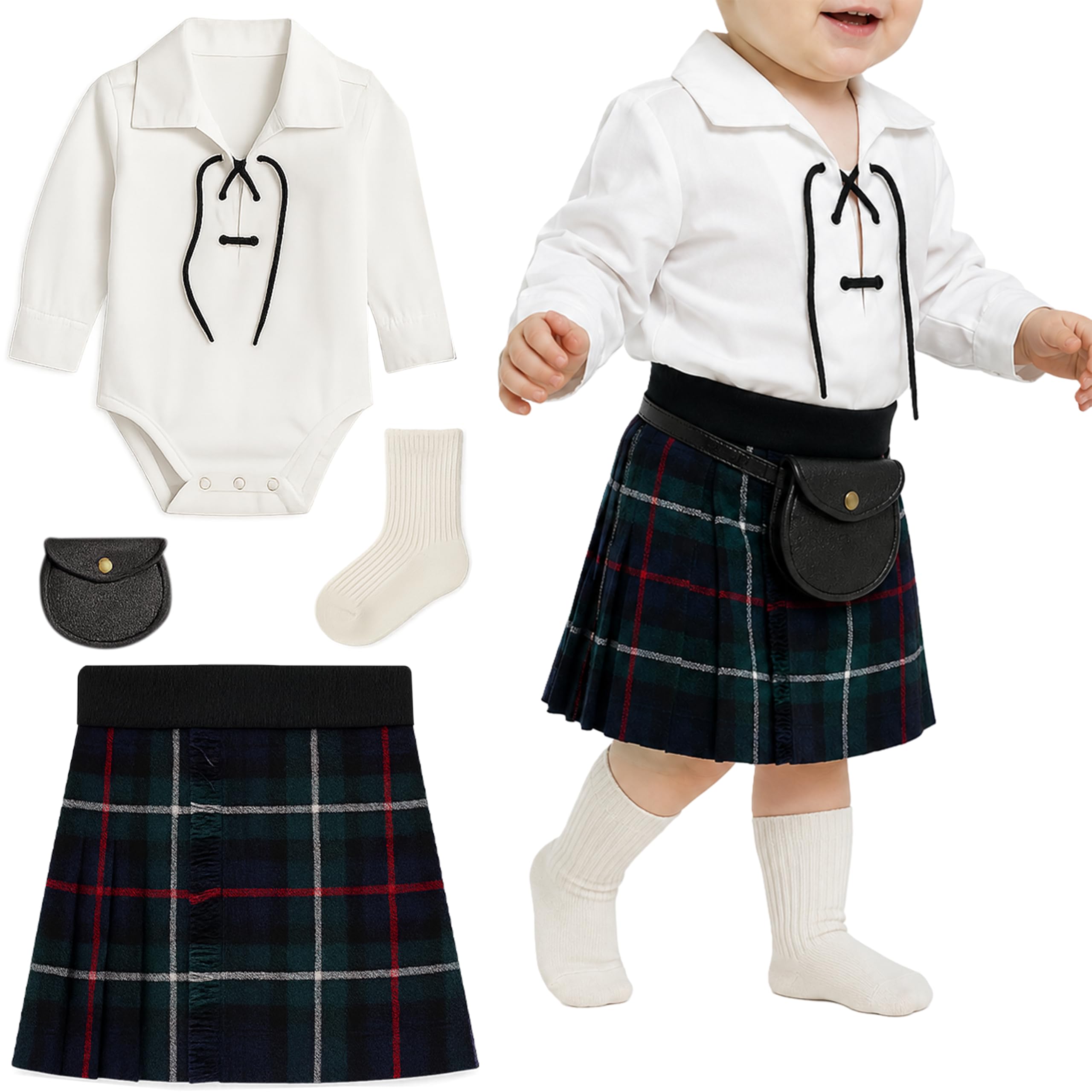 BRAW CLANS TARTANS Baby Kilt Outfit for 12-24 Months, Ghillie Shirt, Sporran & kilt hose - Traditional Scottish Mackenzie Modern Tartan Gift for baby