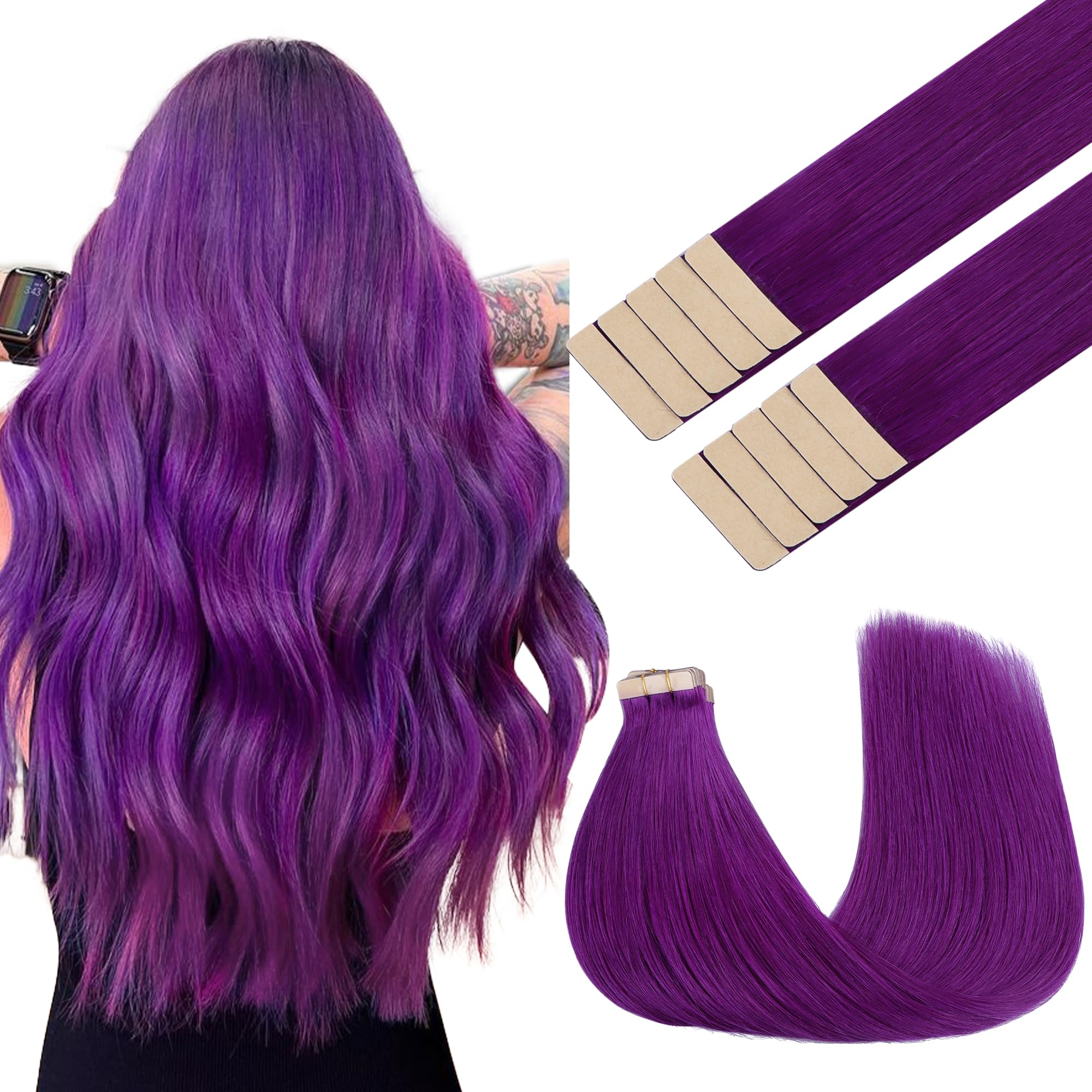 GOO GOO Tape in Hair Extensions Human Hair, Purple 10pcs 30g 22inch, Colored Tape ins Human Hair Extensions