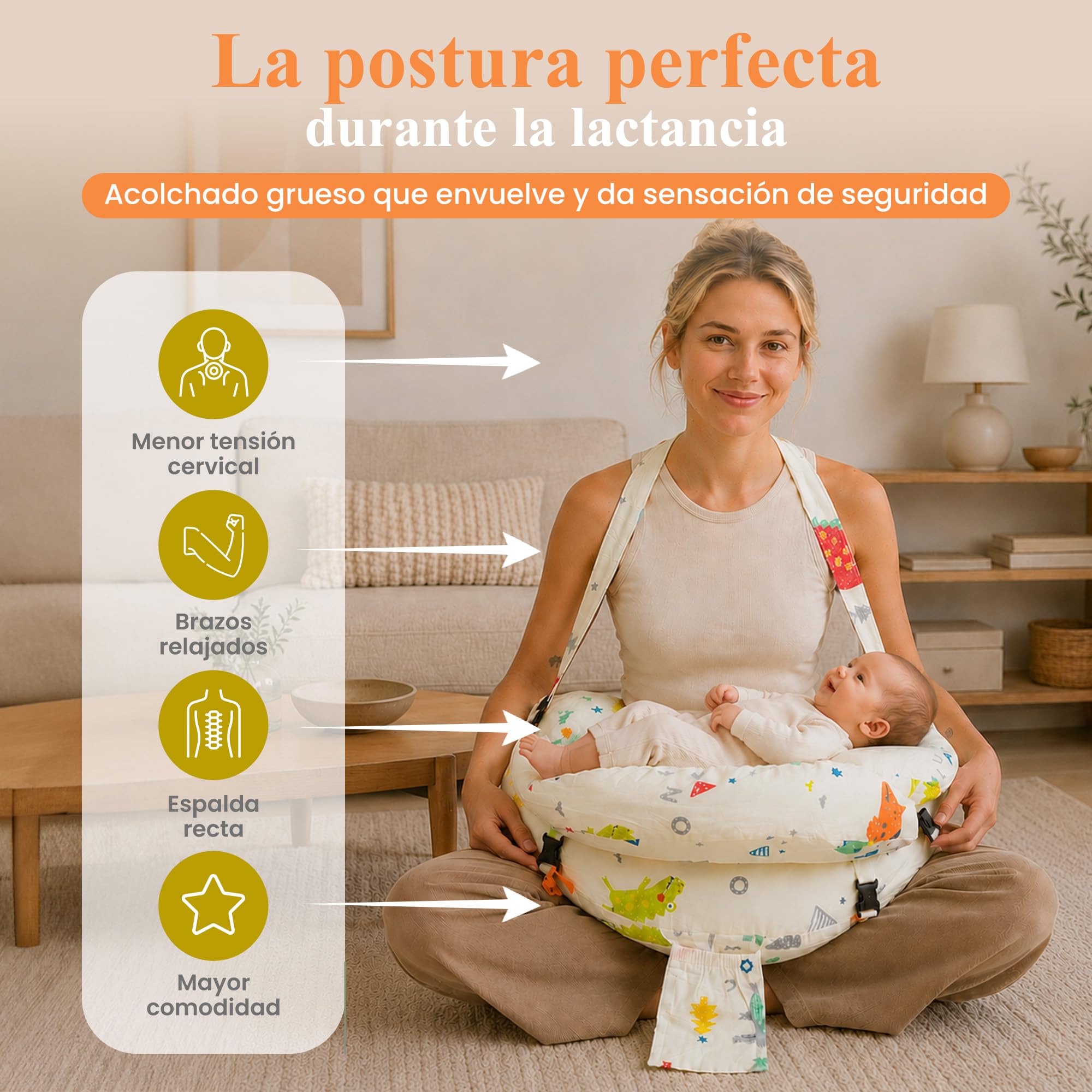 Cojín de Lactancia Ergonómico con Cinturón Ajustable para Cintura y Cuello | Soporte Anticaída para Bebé | Funda Desenfundable y Lavable | Almohada de Lactancia para Dar el Pecho y Biberón