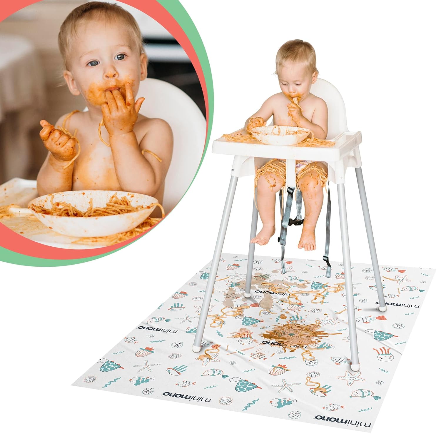 Minimono Baby Splat Mat for Under High Chair - 30 Pcs Disposable and Waterproof Splash Mats - 40"x47" Multipurpose Activity Mat for Picnic, Arts and Crafts - Baby Led Weaning Supplies (Sea Animals)