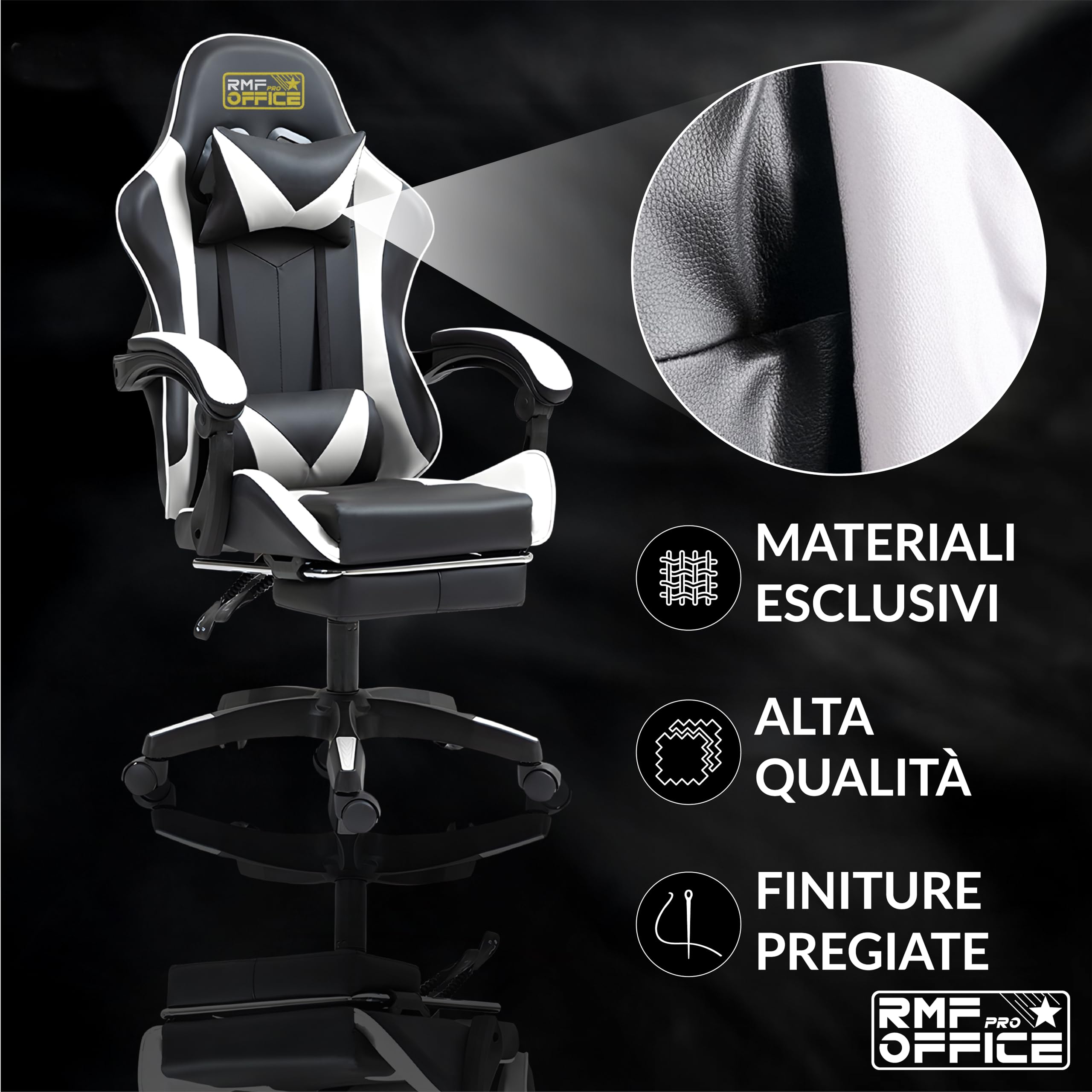 RMF Sedia Gaming Professionale Ergonomica Reclinabile, Poltrona Gaming Seduta Comoda e Rilassante con Poggiapiedi - Sedia per Gamer con Ruote Girevoli, Altezza Regolabile Bianco/Nero