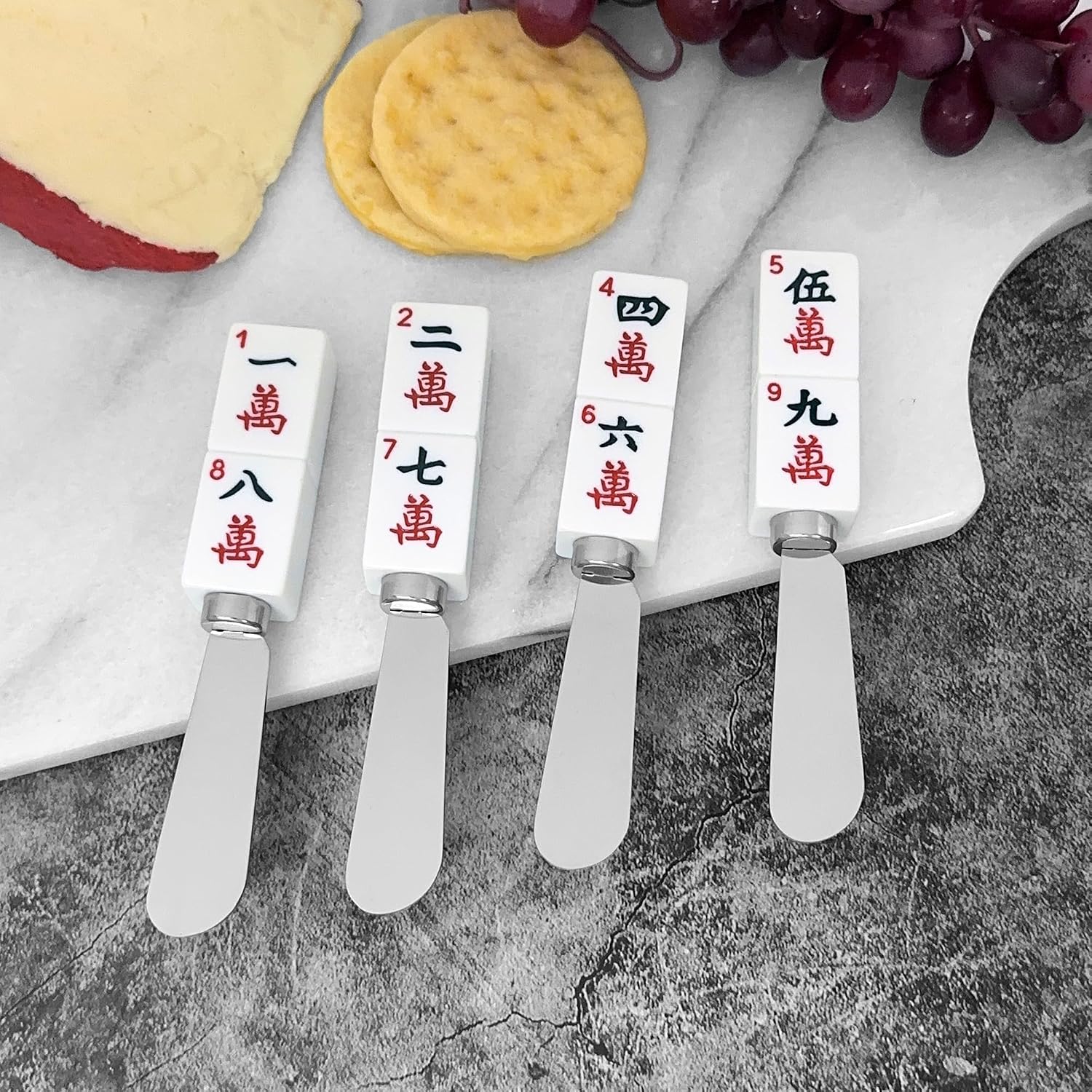 Supreme Housewares Mahjong Characters Tile Cheese Spreaders, Hand-Painted Resin Handles with Stainless Steel Blades for Spreading Cream Cheese, Butter, and Jam, Assorted Designs, Set of 4