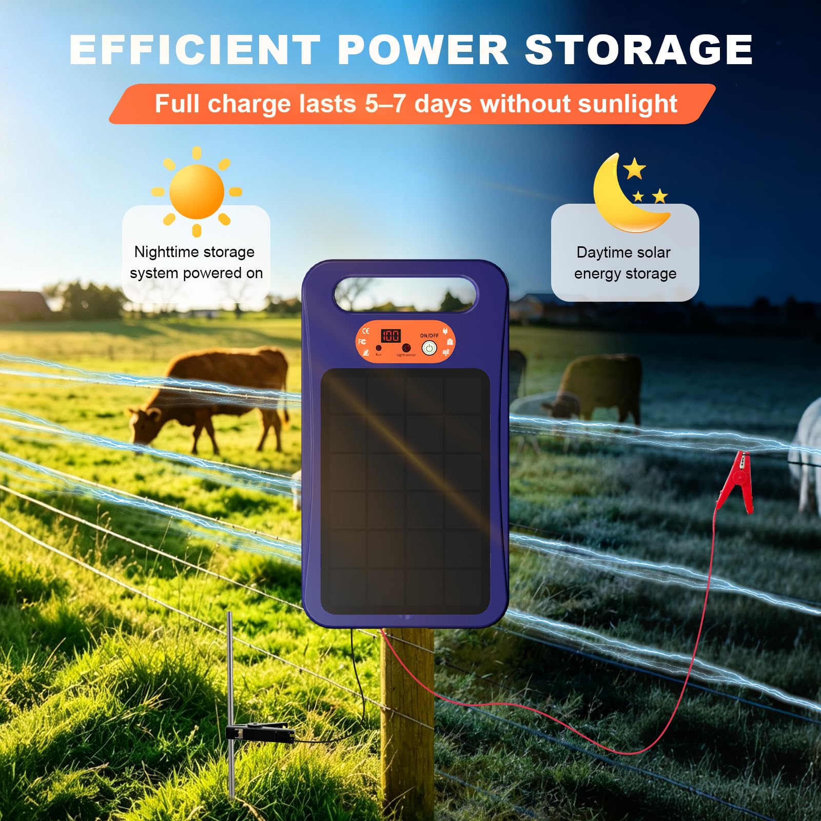 Energizzatore per recinzione elettrica solare, 0,3 J, portatile, con modalità giorno/notte, impermeabile IPX5, per cavalli, bestiame, bestiame, pollame