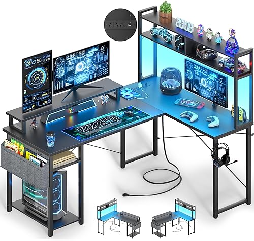 Escritorio pequeño en forma de L para juegos con tomas de corriente, escritorio reversible en forma de L de 48" con LED para computadora con soporte