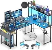 Small L Shaped Desk Gaming Desk with Power Outlets&comma; 48" Reversible L Shaped LED Computer Desk with Monitor Stand & Storage Shelf&comma; Corner Gamer Desk Home Office Desk with Storage Bag&comma; Black