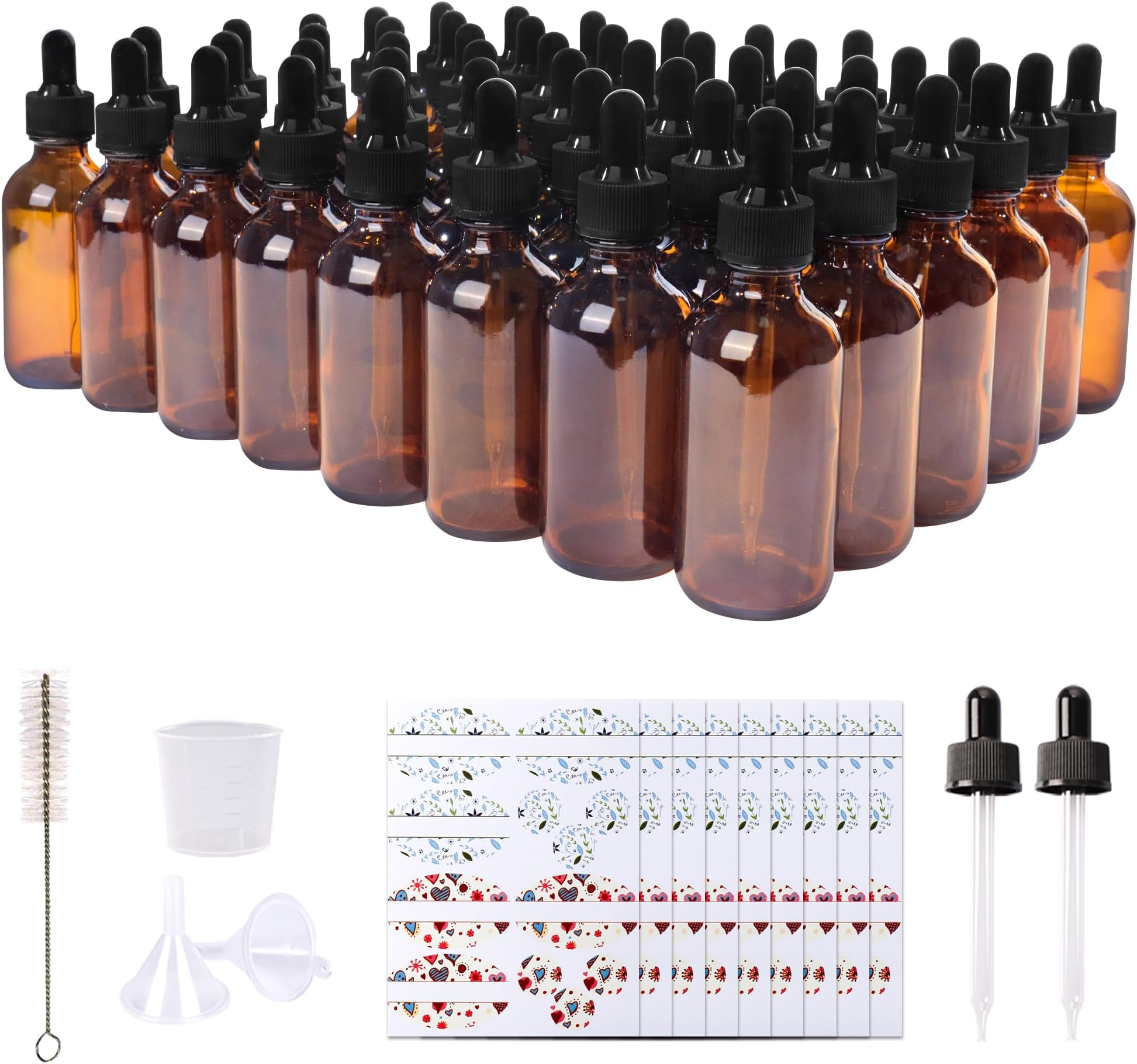 Comrzor 48 Pack 2oz Amber Glass Bottles with Glass Eye Droppers for Essential Oils, Perfumes & Lab Chemicals (Brush, Funnels, 2 Extra Droppers, 54 Pieces Labels & 30ml Measuring Cup Included)