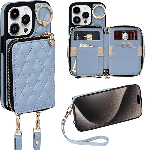 Miniatura 72 de Keallce Funda para iPhone 15 Pro Max de 6.7'' Funda Cartera, Bolso Bandolera con Cremallera Monedero Pulsera para Mujeres, Portadores de Tarjetas