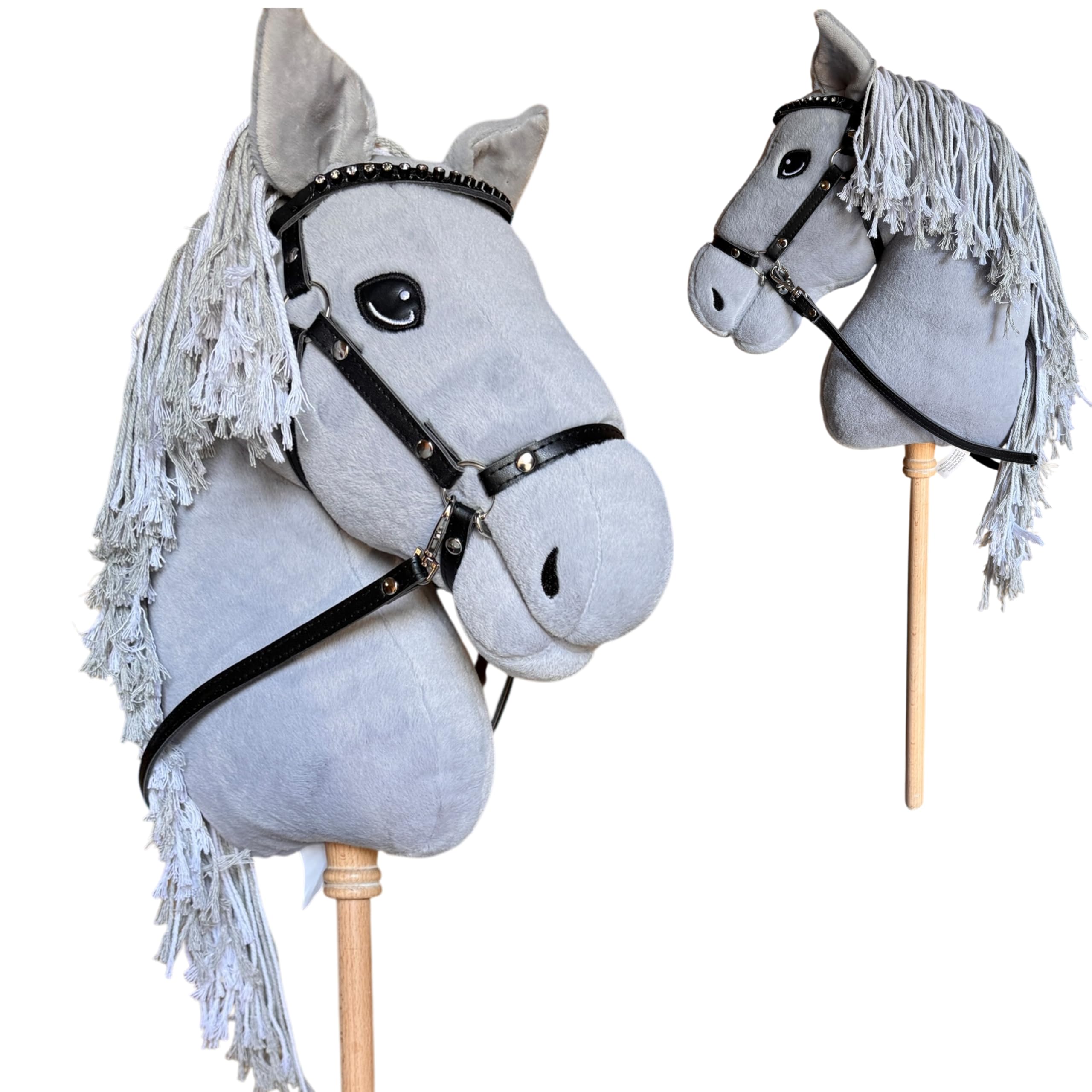 Playful Minds Large Hobby Horse for Kids and Adults – Show Quality with Rhinestone Studded Bridle, Removable Reins, and Long Mane – Plush Handmade Tournament Stick Horse, Grey