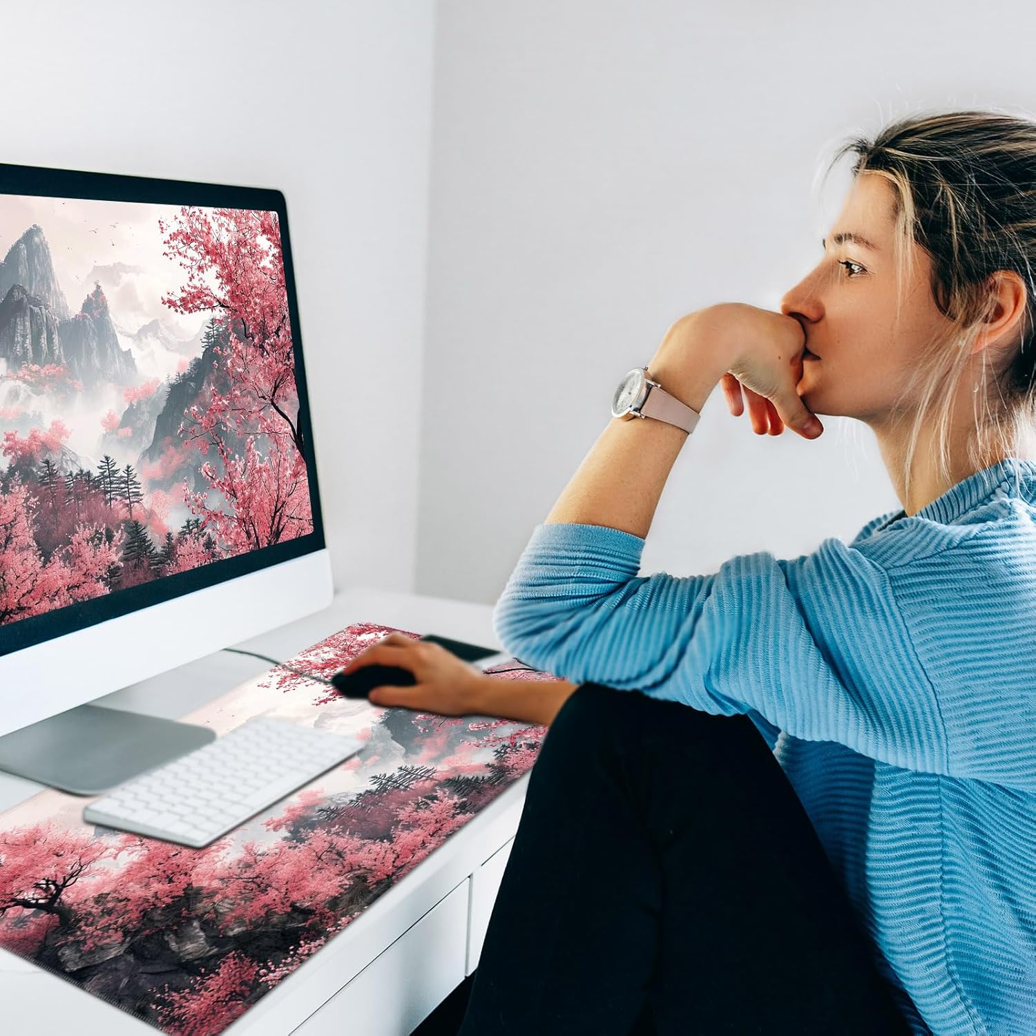 Warm Desk Pad,Heated Desk Pad,Office Mat,3 Heating Levels & 3 Hours Auto Shut-Off,31.5"*13" Gaming Mouse Laptop Keyboard Leather Desk Mat,Watercolor Tree Mountain