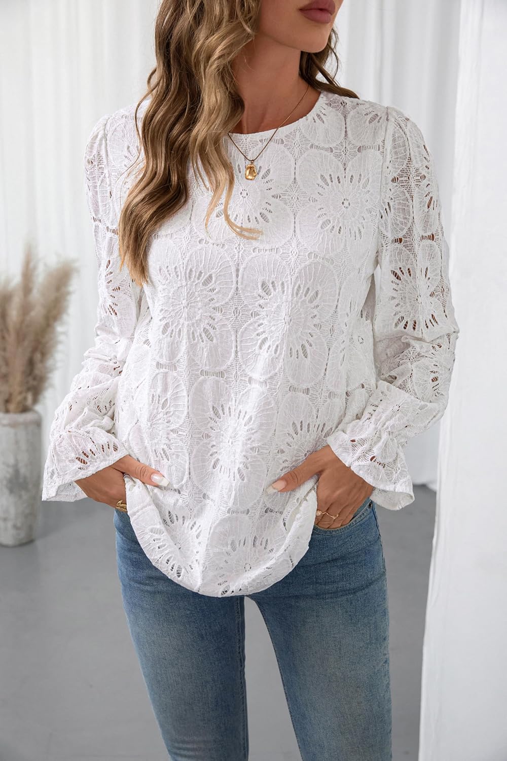 LOMON Lace Long Sleeve Tops for Women Fashion 2025 Eyelet Blouses Dressy Casual Crewneck Embroidered Shirts with Lining - Image 2