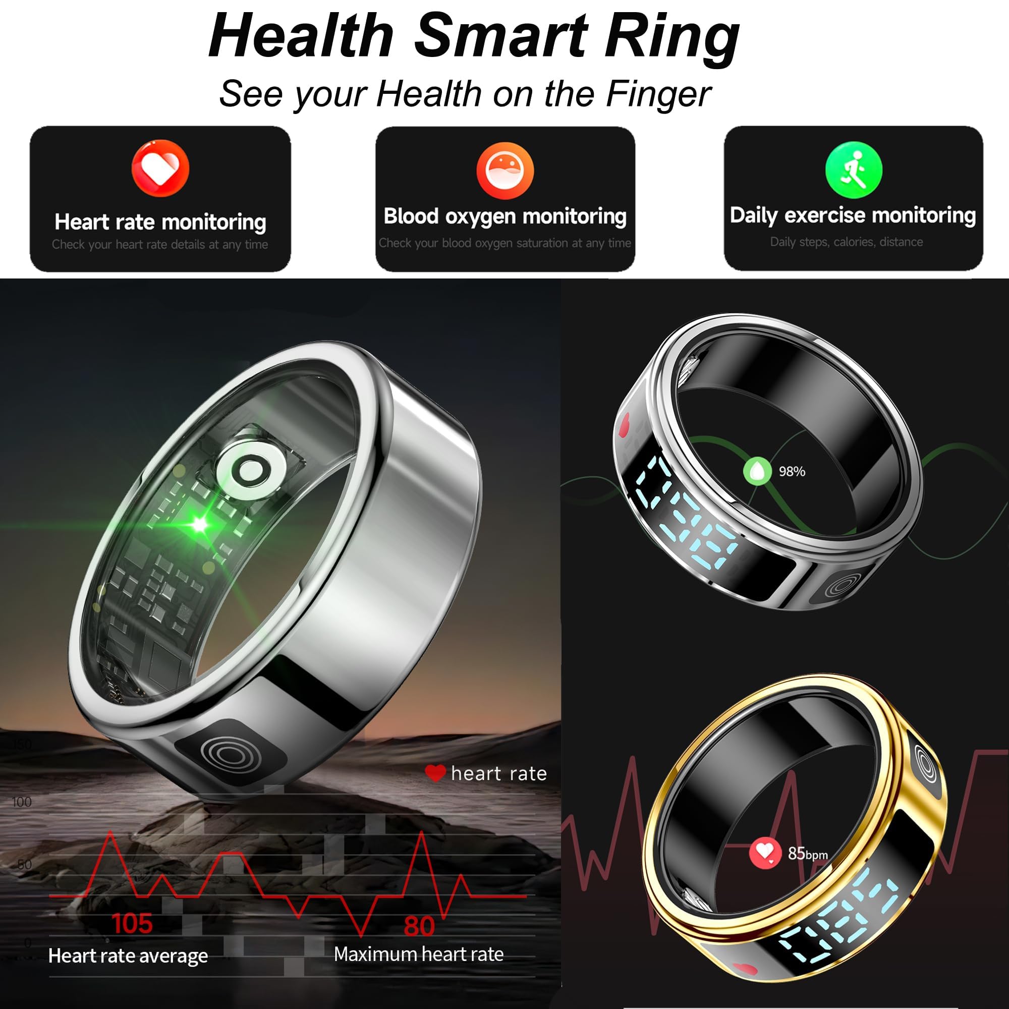 Smart Ring Con Display - Monitoraggio Salute, Frequenza Cardiaca E Attività Fisica