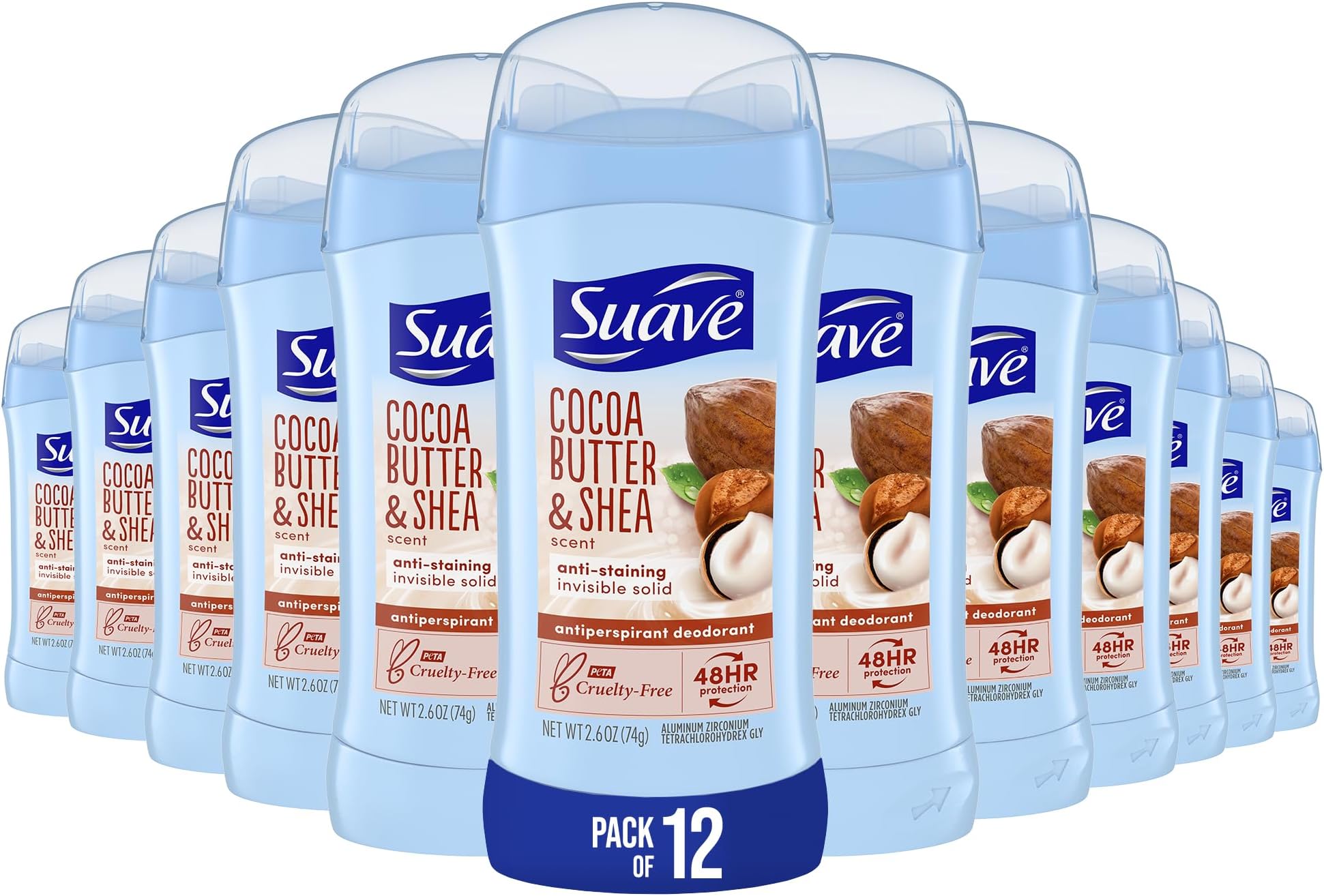 Deodorant Women, Antiperspirant, Cocoa Shea Butter, 48-Hour Odor & Wetness Protection, with Essential Oils, anti-staining, no baking soda 2.6 oz (Pack of 12)