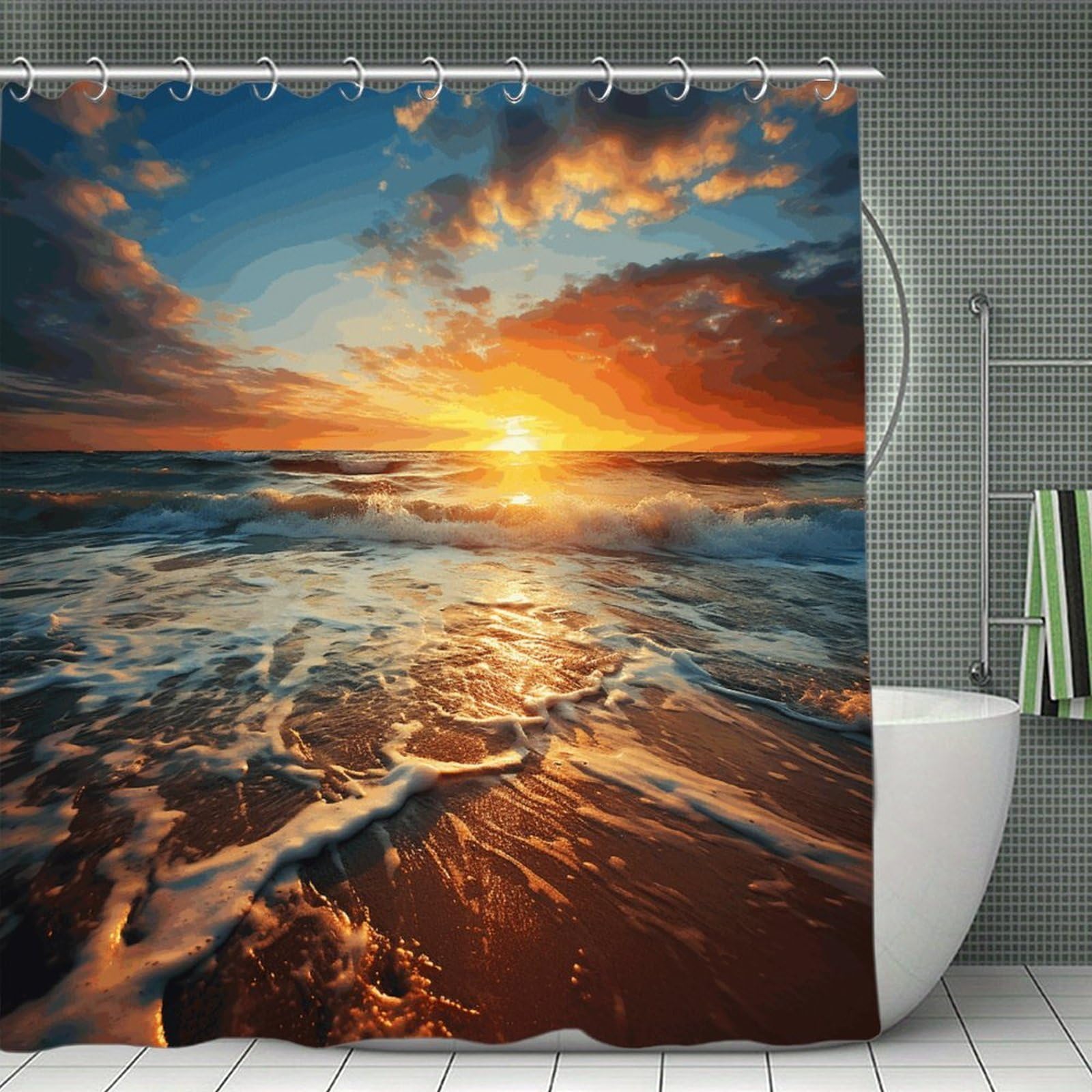 VstaDank Ocean Sunrise Shower Curtain Waterproof Bathroom Curtain with Hooks Luxury Weighted Bath Curtains for Bathtubs Showers Room Dividers Decorative Shower Curtains 71x71 in