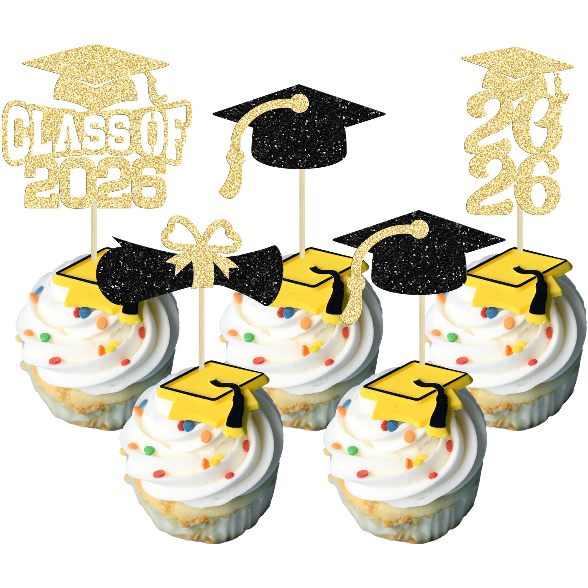 Ephlyn 36Pcs 2026 Graduation Theme Cupcake Toppers Glitter Class of 2026 Cupcake Picks Diploma Grad Cap Cake Decorations for 2026 Graduation Theme Party Supplies Gold