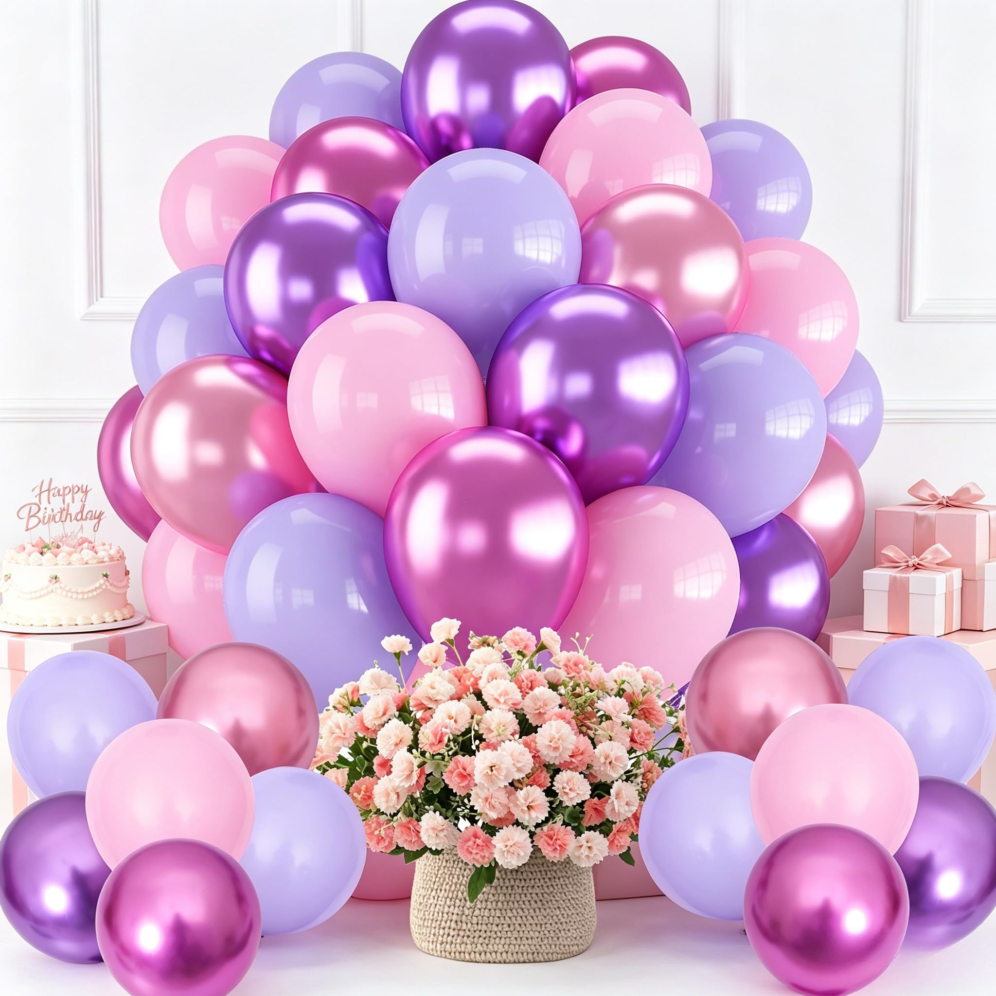 60 Pcs Pink and Purple Balloons Kit, 12 Inch Latex Balloons Set with Metallic Magenta, Purple Accents Balloons and Matching Ribbons for Birthday, Wedding Decoration Supplies