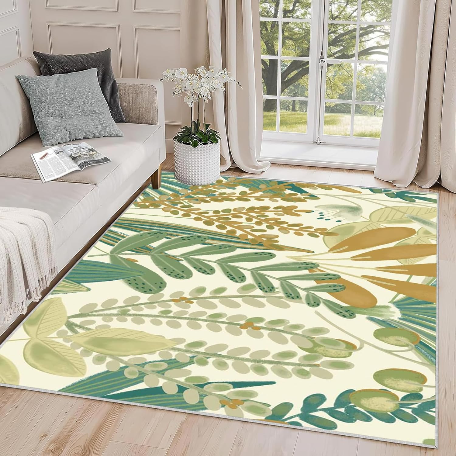 Large 5x8 Plant Area Rugs for Living Room, Indoor Machine Washable Rugs Floor Nature Carpet for Bedroom, Vintage Rugs for Dining Room Kitchen Office Table Home Decor