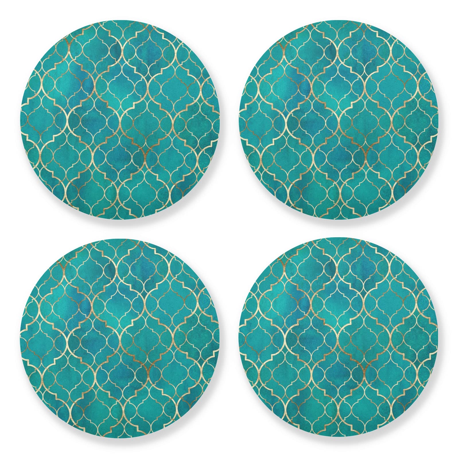 Poeticcity Multi 6 Seamless Green Teal Moroccan Tiles With Golden Gold Geometric 4 Set Wood Mug Coaster, Cup Mat Pad For Kinds Of Mugs, Oversize Stone Coasters Holder With Cork Base Housewarming Drinks Gifts