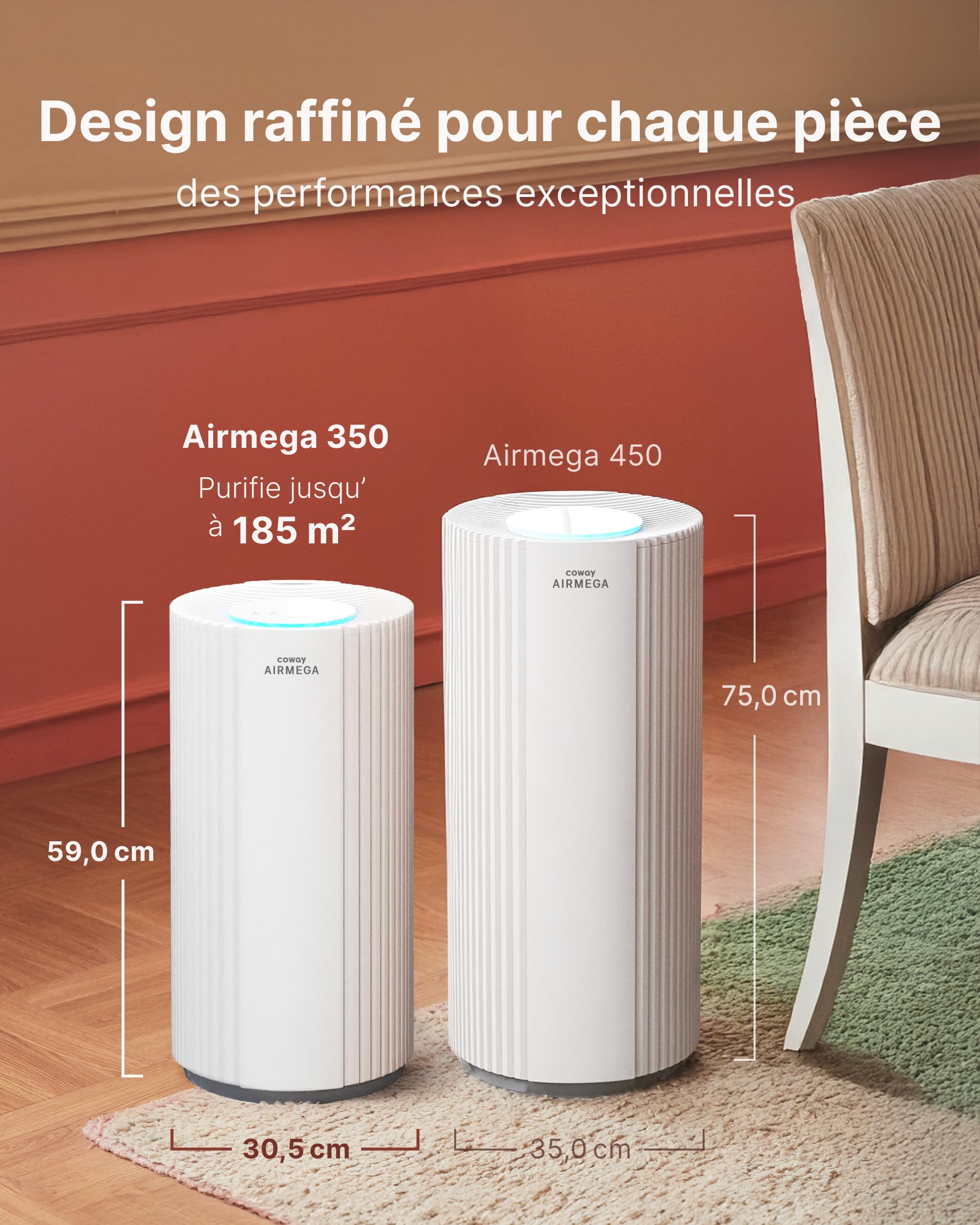 COWAY Purificateur d’air grande pièce, CADR 713 m³/h, purifie 148 m² en 30 min, filtre HEPA contre fumée, allergènes, poils d’animaux, odeurs, capteur PM10, mode éco, AIRMEGA 350 blanc