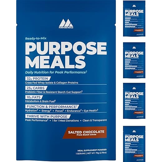 Meal Replacement Shake Powder, Grass Fed Whey Protein Isolate & Collagen Peptides, MCT Oil, Prebiotics Gut Health, Electrolytes, Adaptogenic Mushrooms, Energy (4 Meal Travel Packs, Salted Chocolate)