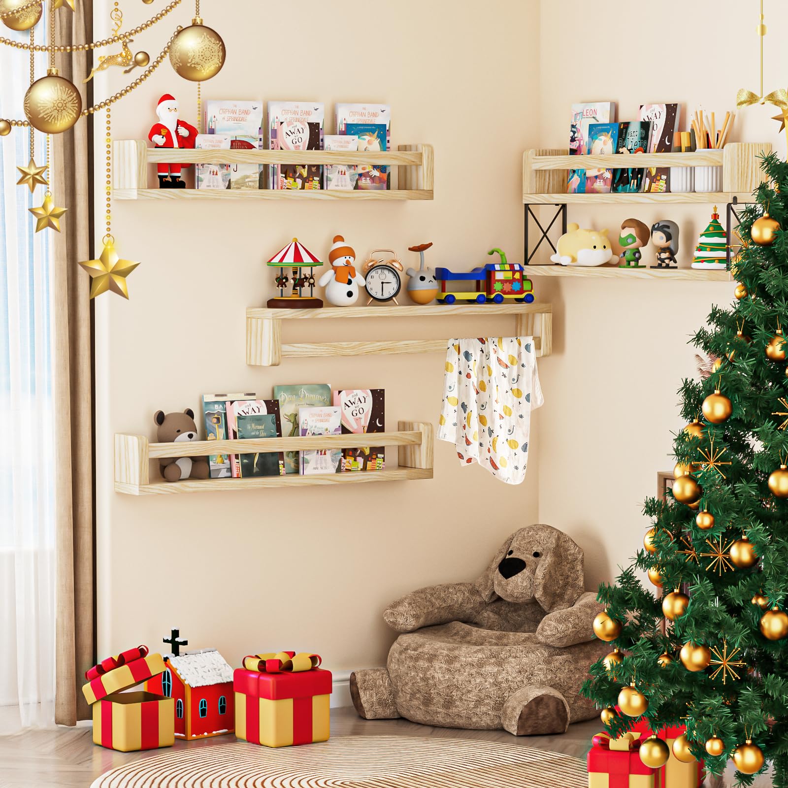 QimCoor Nursery Book Shelves Set of 4+1, 24inch Floating Wall Bookshelf for Kids, Natural Solid Wood Book Shelf Organizer for Baby Nursery Room, Wall Shelves for Bedroom, Toy Storage Shelves