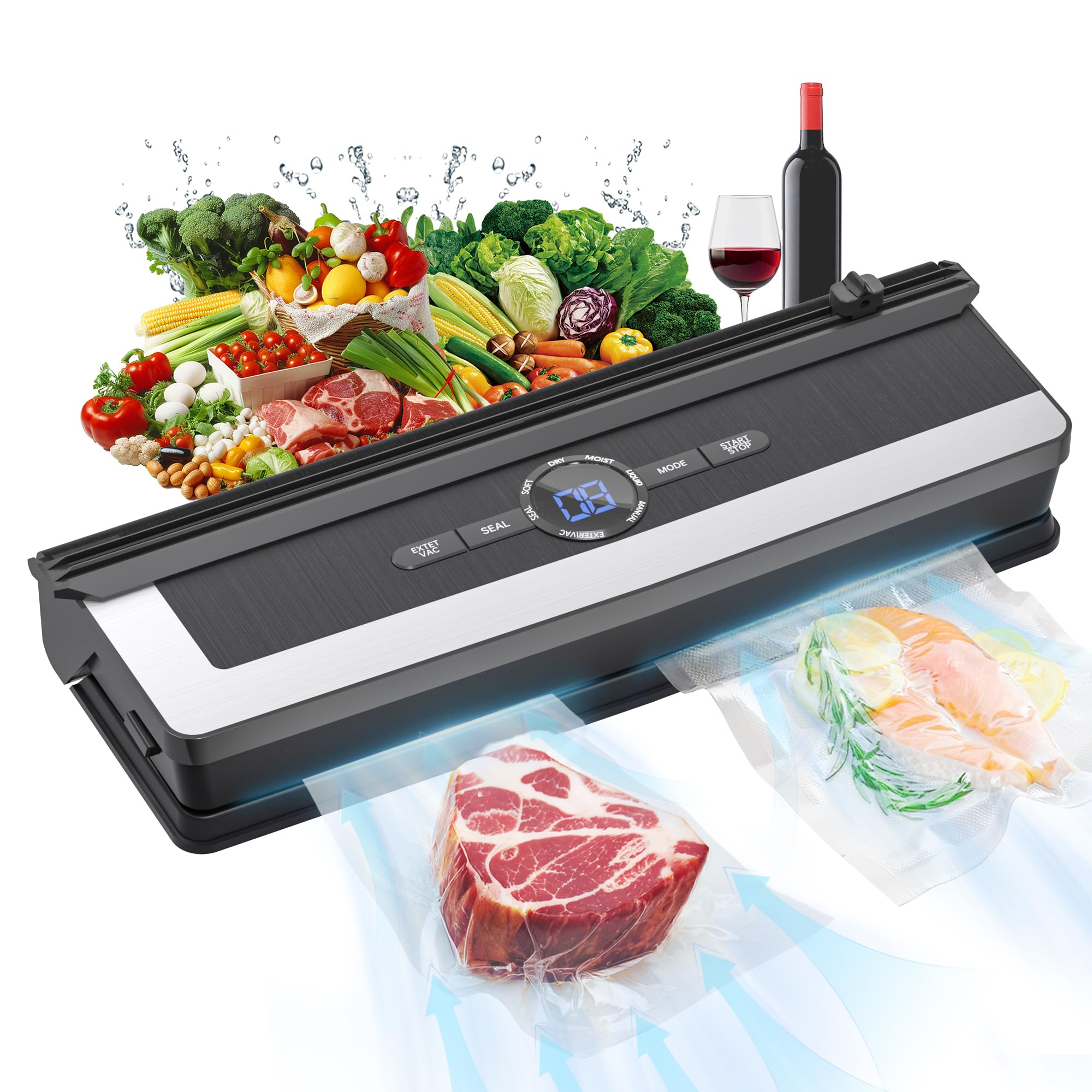 Macchina sottovuoto 5 in 1 con funzione di taglio, 85 Kpa sottovuoto per carne, verdure e raffreddamento, con timer digitale e 5 sacchetti sottovuoto, per cucina e conservazione a lungo termine