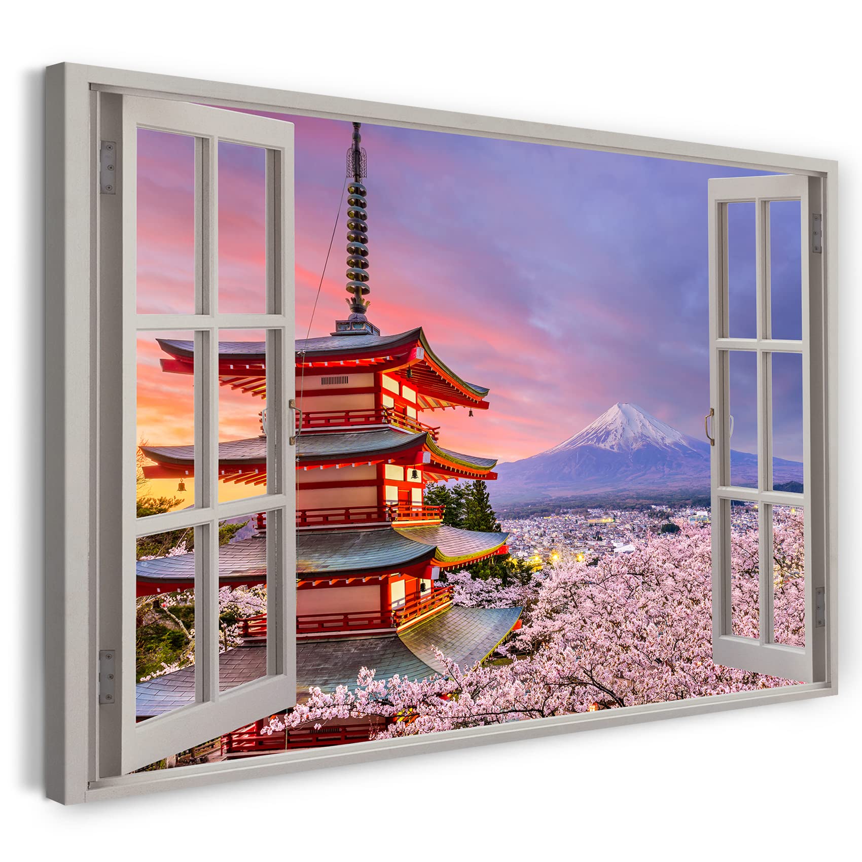 Printistico #02 Print On Canvas (100X70 Cm) View From The Window - Fuji Temple Japan Sunset Asia - Nature Photography, Real Wood Frame With Hook
