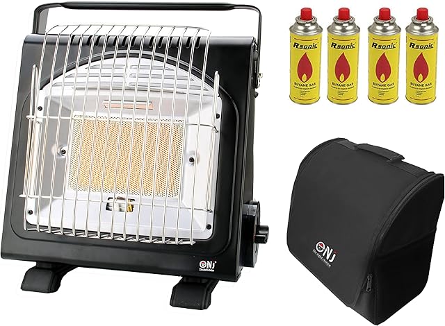NJ-H1 Portable Lightweight Gas Heater Camping Stove Butane Outdoor 1.7kW Piezo with Carry Bag Canisters (Gas Heater + Bag + 4 canisters)