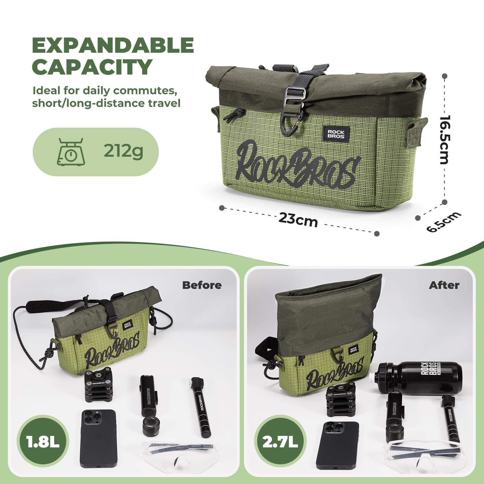 ROCKBROS Sacoche de Guidon Vélo 2 en 1 – Sac Avant & Bandoulière, pour Vélo Pliant Brompton, Capacité Extensible, Installation Facile, Compatible avec Tous Types de Vélo, Sacoche de Guidon Vélo