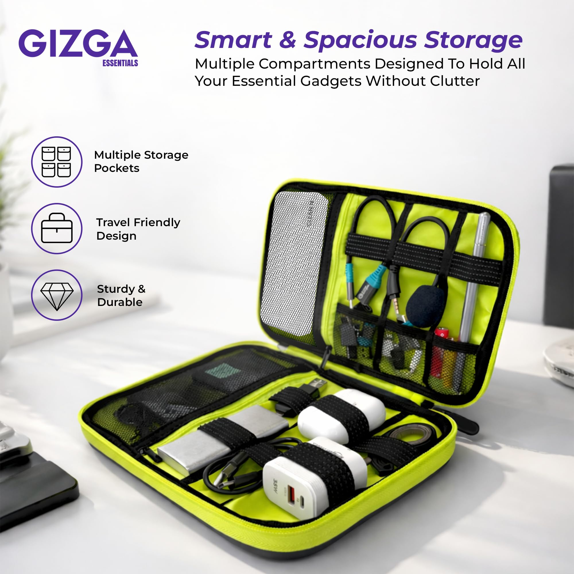 GIZGA Essentials Hard Shell Gadget Organizer Case | Travel Electronics Accessories Bag | Cable Organizer Pouch for HDD, Power Bank, USB Cables, Chargers | Water-Resistant & Shockproof (Black) 2