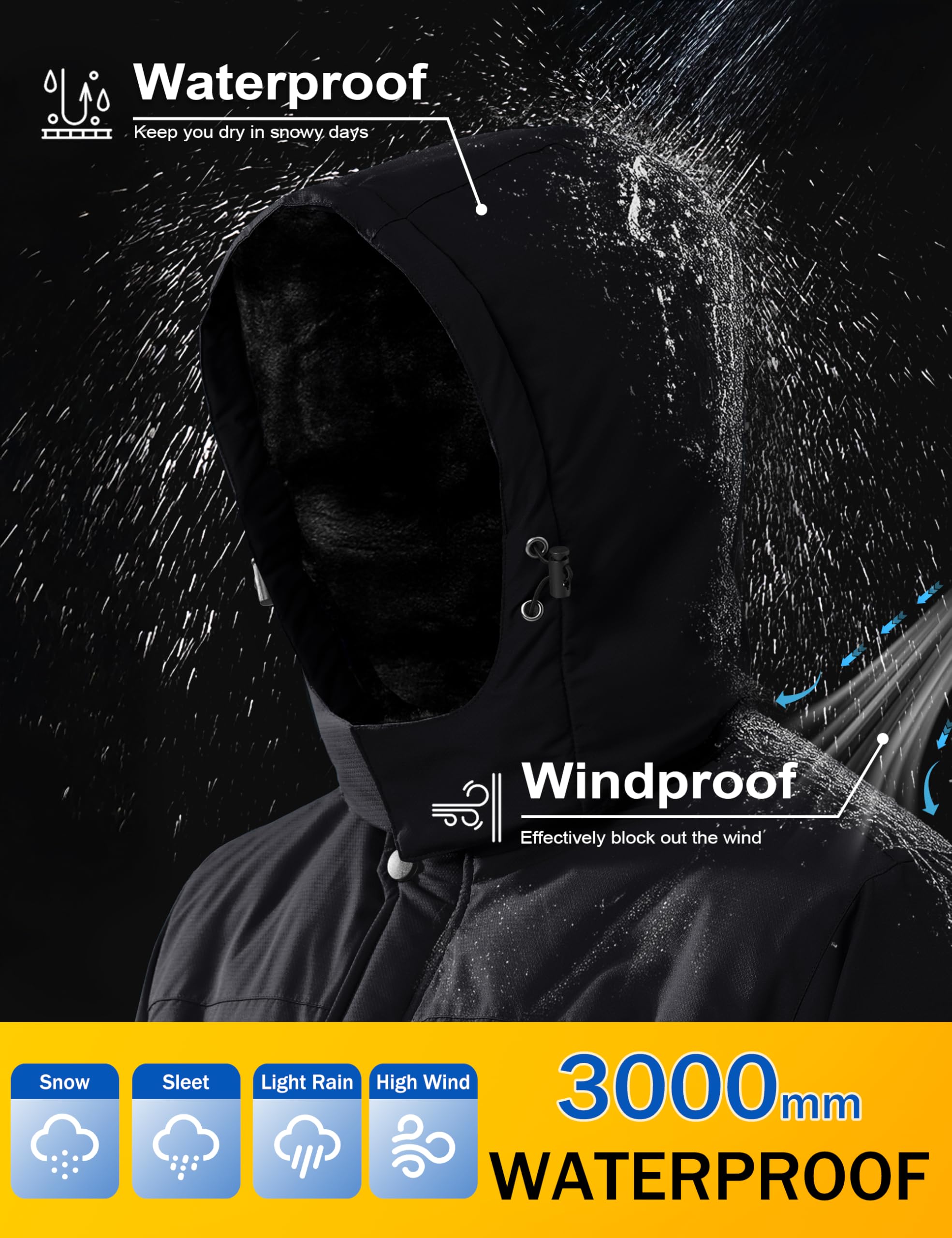 MAGCOMSEN Chaqueta de esquí impermeable Parka cortaviento con capucha