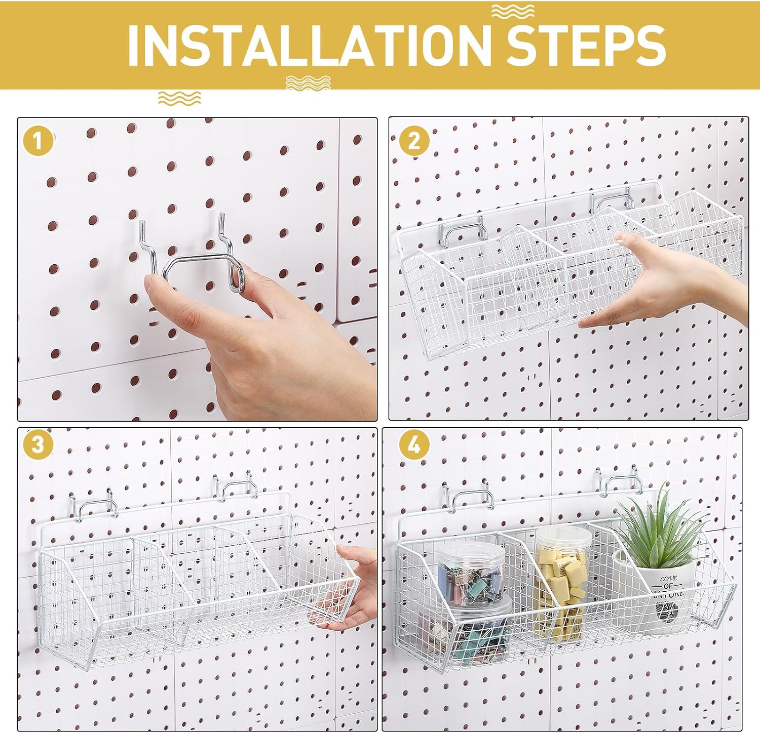 Suzile 2 Pcs Metal Garage Baskets Set with 4 Pegboard Hooks - Wall Mount Storage for Workbench, Bathroom Accessories - 3 Grid (White)