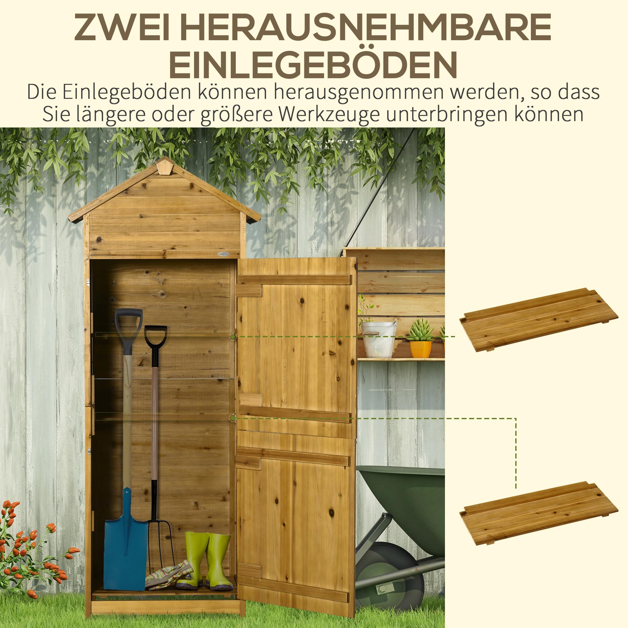 Outsunny Gartenschrank Holz wetterfest Geräteschrank 79x49x191,5cm Satteldach Doppeltür Naturholz