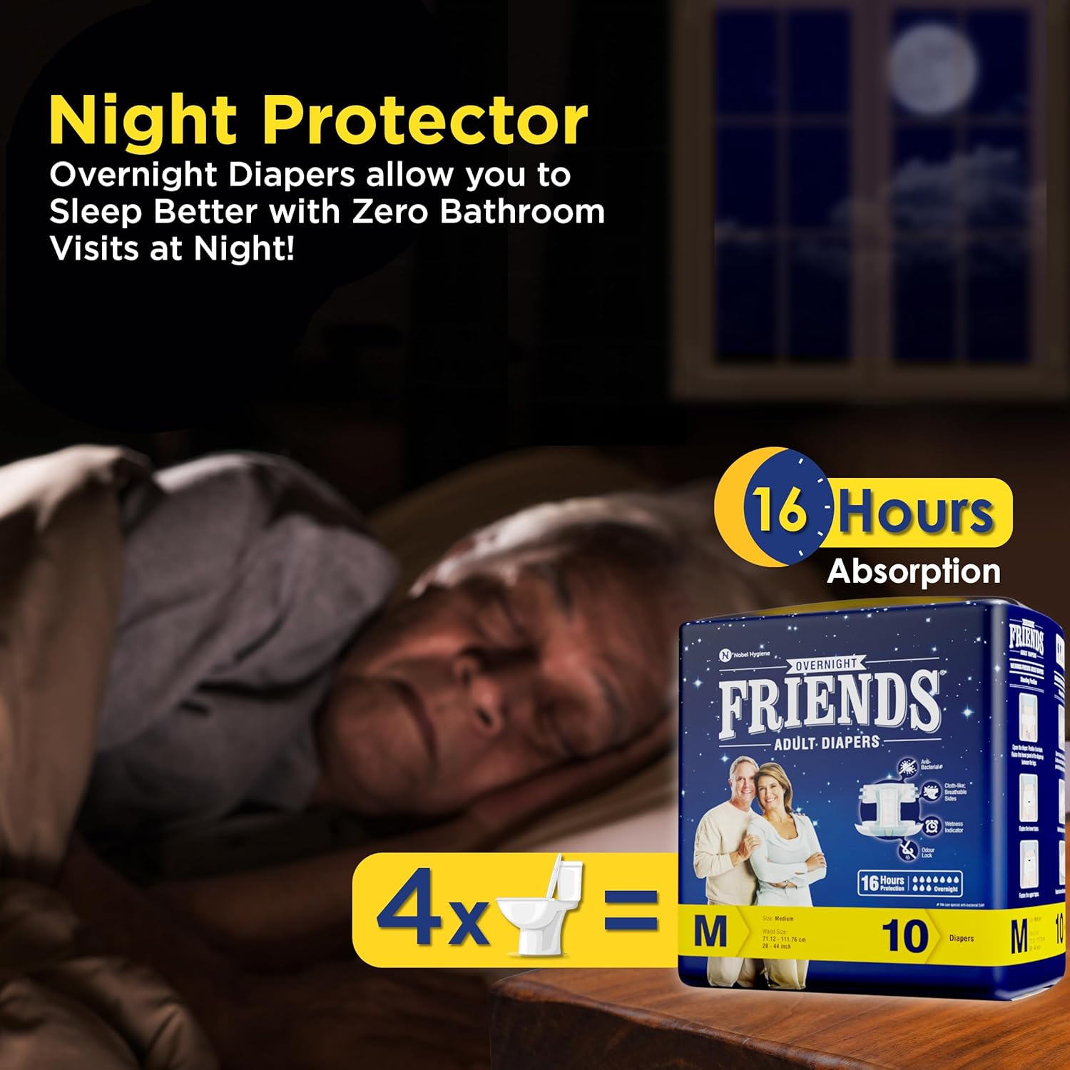 New Year Sale Friends Overnight Adult Diapers Tape Style |10 Count (Medium) | Waist 28.35-51.18 Inch; 72-130 Cm With Odour Lock | Unisex | Leakproof | Wetness Indicator And Anti-Bacterial Absorbent Core