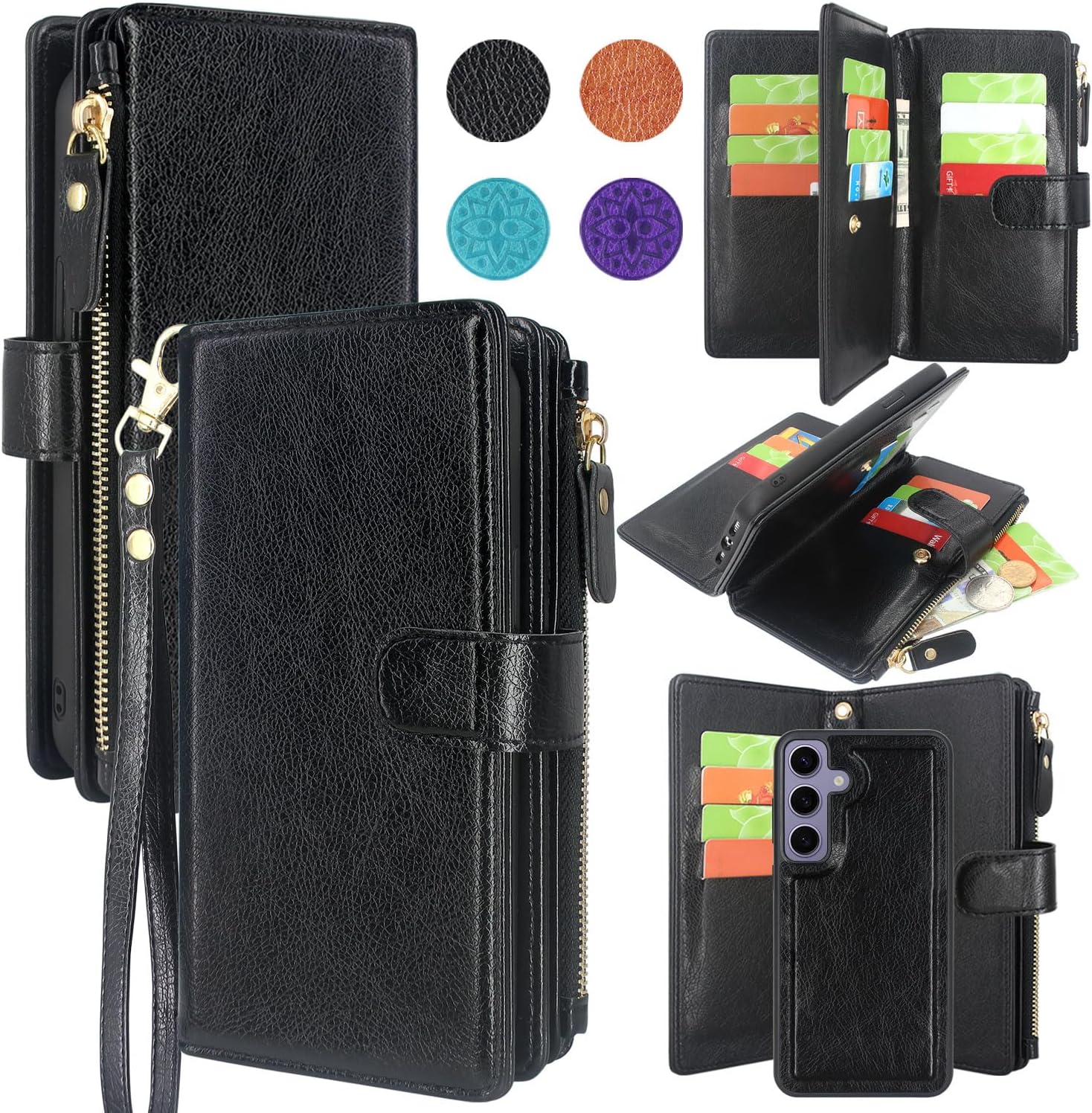 Compatible with Samsung Galaxy S24 5G 6.2 inch (2024) Case Wallet with RFID Blocking Card Slots Detachable Removable Phone Cover Cash Coin Zipper Pocket Wrist Strap Lanyard (Black)