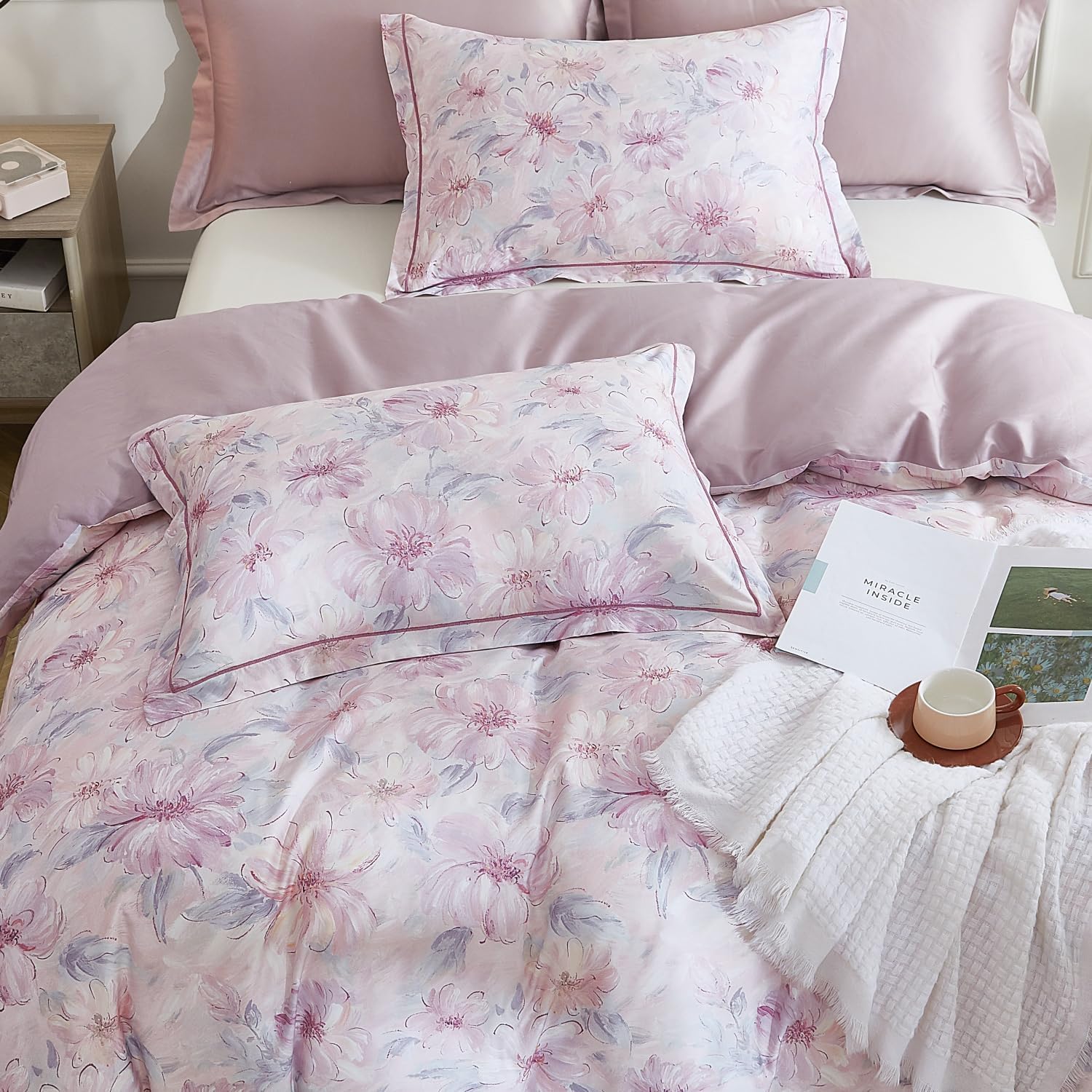 OAITE Queen Duvet Cover Set 3pcs 100% Cotton 600 Thread Count Floral image 3