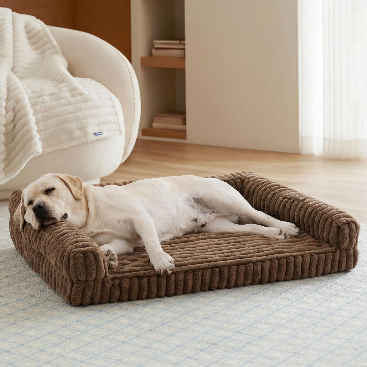 Bedsure ComfyFleece™ Orthopedic Dog Beds for Extra Large Dogs, Memory Foam XL Dog Couch with Sides, Waterproof Big Pet Sofa with Washable Corduroy Cover, Non-Slip and Egg-Crate Foam, Brown