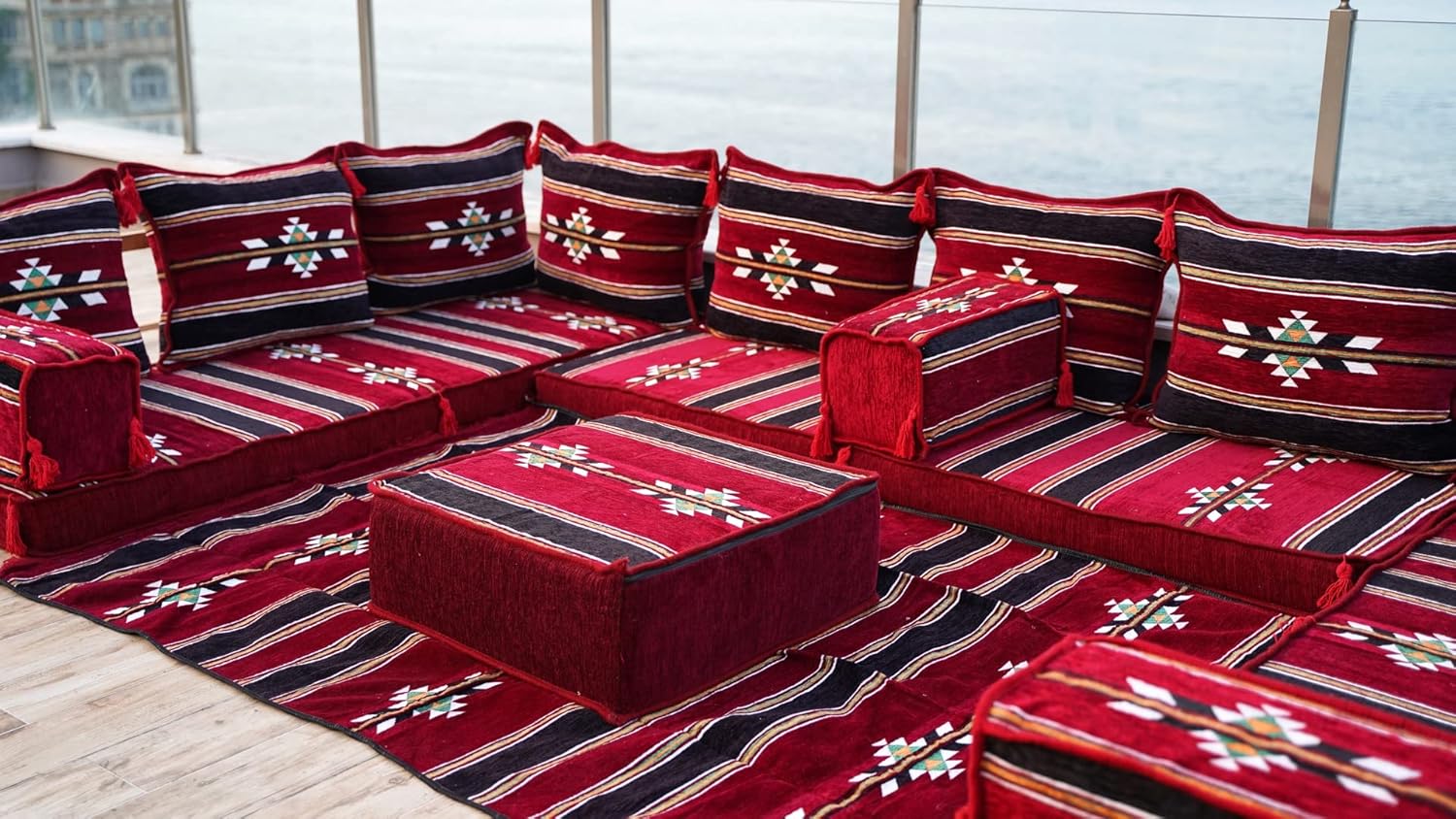 arabicsofa Maroon U Shaped Arabic Majlis – Traditional Middle Eastern Floor Seating