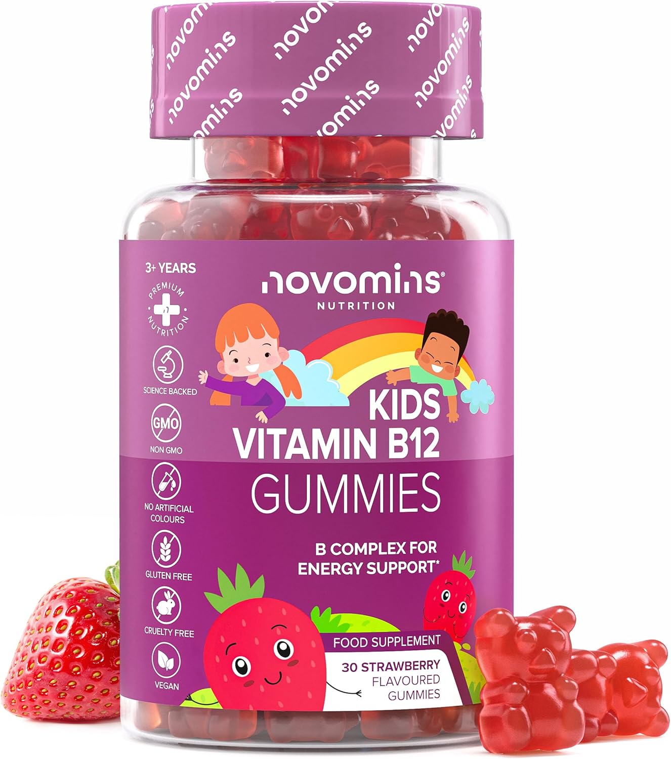 Kids Vitamin B12 Gummies – Energy & Metabolism Support Supplement – 30 Chewable B Complex Supplements – Vegan – Enriched with Vitamin C, B1, B2, B6, Biotin – Novomins