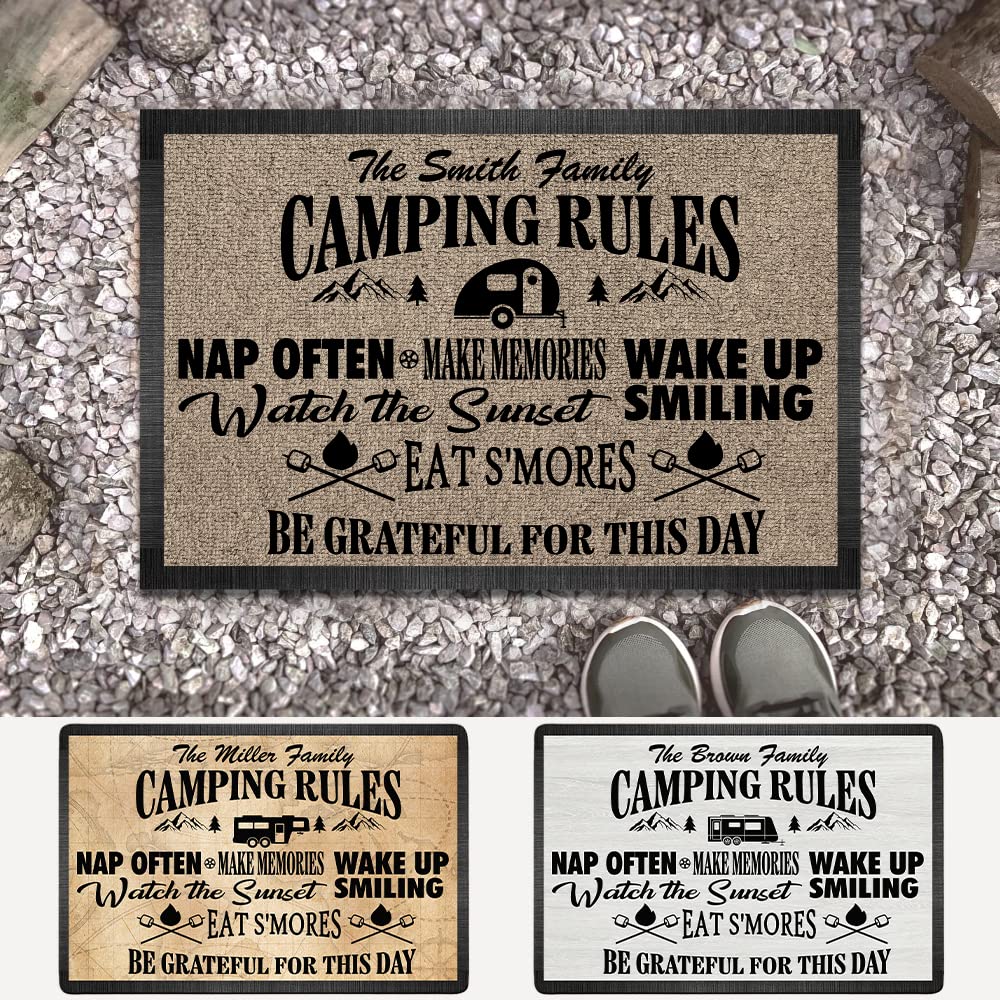Personalized Camping Rules Welcome Doormat - Custom Family Name and RV Door Mat, Accessories for Inside Outside, Funny Campsite Decorations Travel