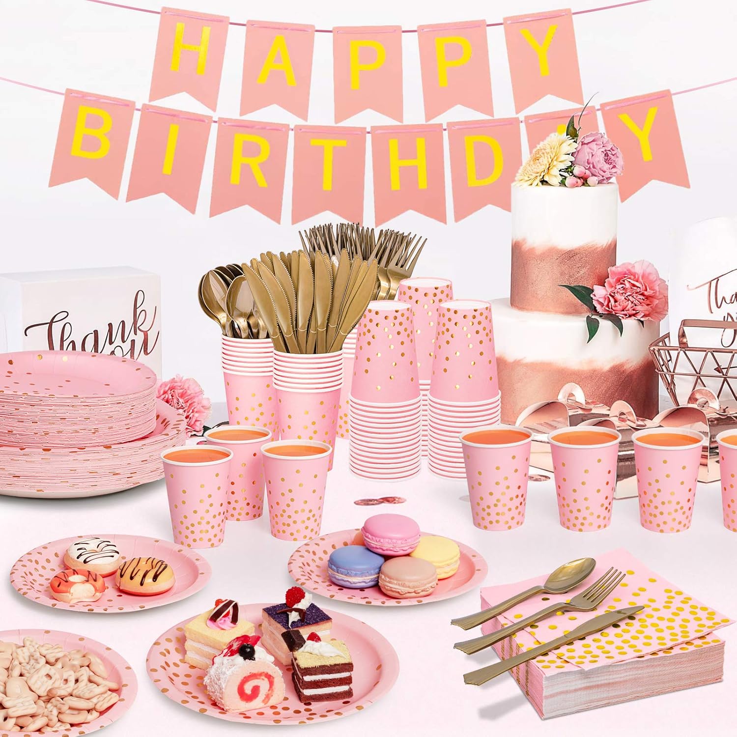 Pink and Gold Party Supplies, 350PCS Disposable Dinnerware Set with Pink Paper Plates Napkins Cups, Gold Plastic Flatware Set for Women Girls Birthday Graduation Baby Shower Engagement Wedding