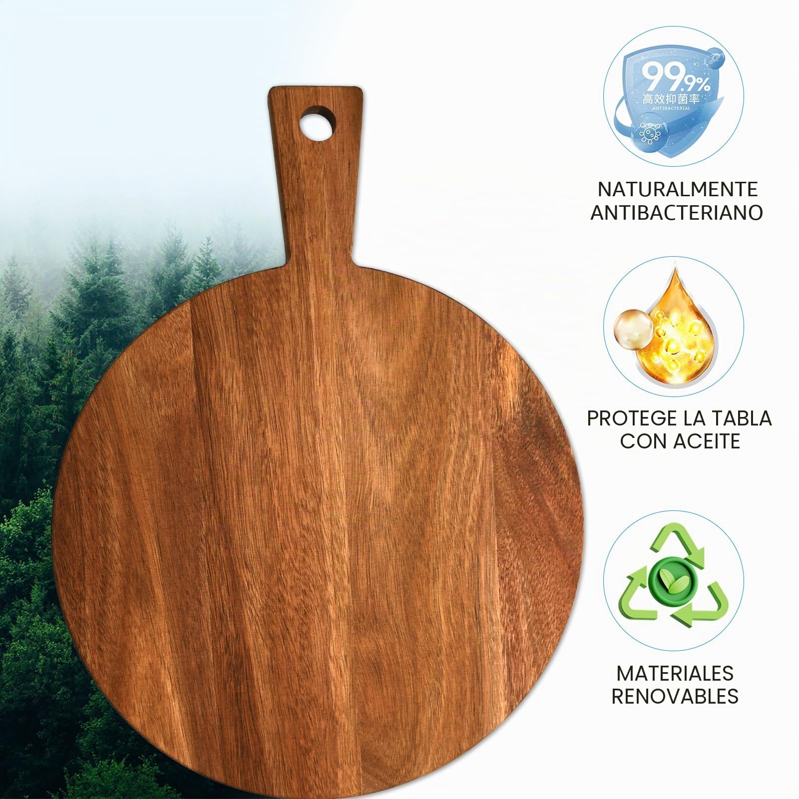 Tabla de pizza de madera de acacia redonda con asa, 30 x 40 x 1,5 cm, para sashimi, bistec y tartas
