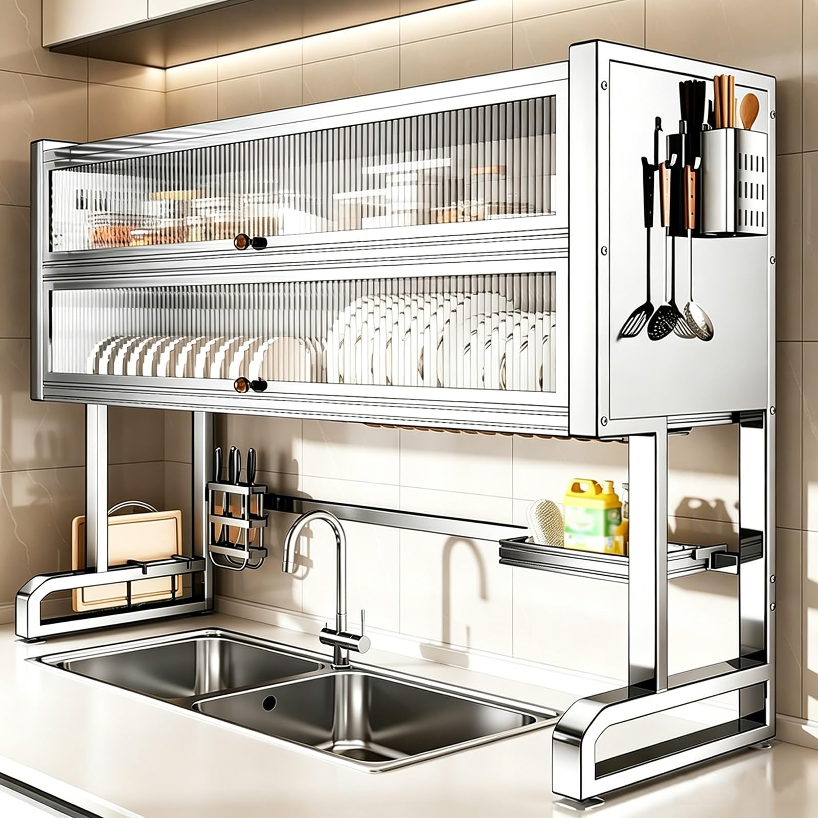 Scolapiatti a 2 Livelli da posizionare sopra Il lavello con Ante, in Acciaio Inox 304, Antipolvere e antiruggine, può Contenere Ciotole, Piatti e coltelli (Dimensioni: 87 cm/34 Pollici)