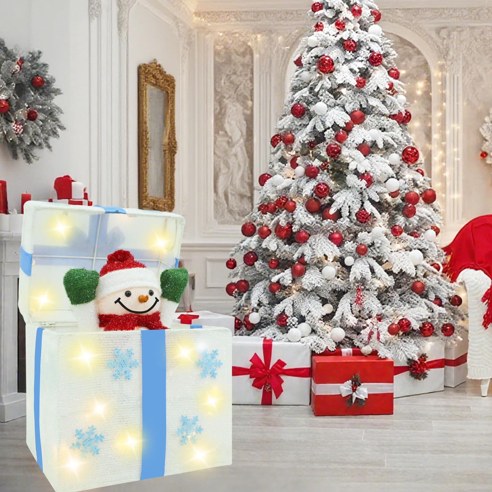 Boîte cadeau en forme de bonhomme de neige animé, blanc, boîte pop-up de Noël, boîte décorative en forme de flocon de neige, avec 20 lumières scintillantes, pour décoration de vacances