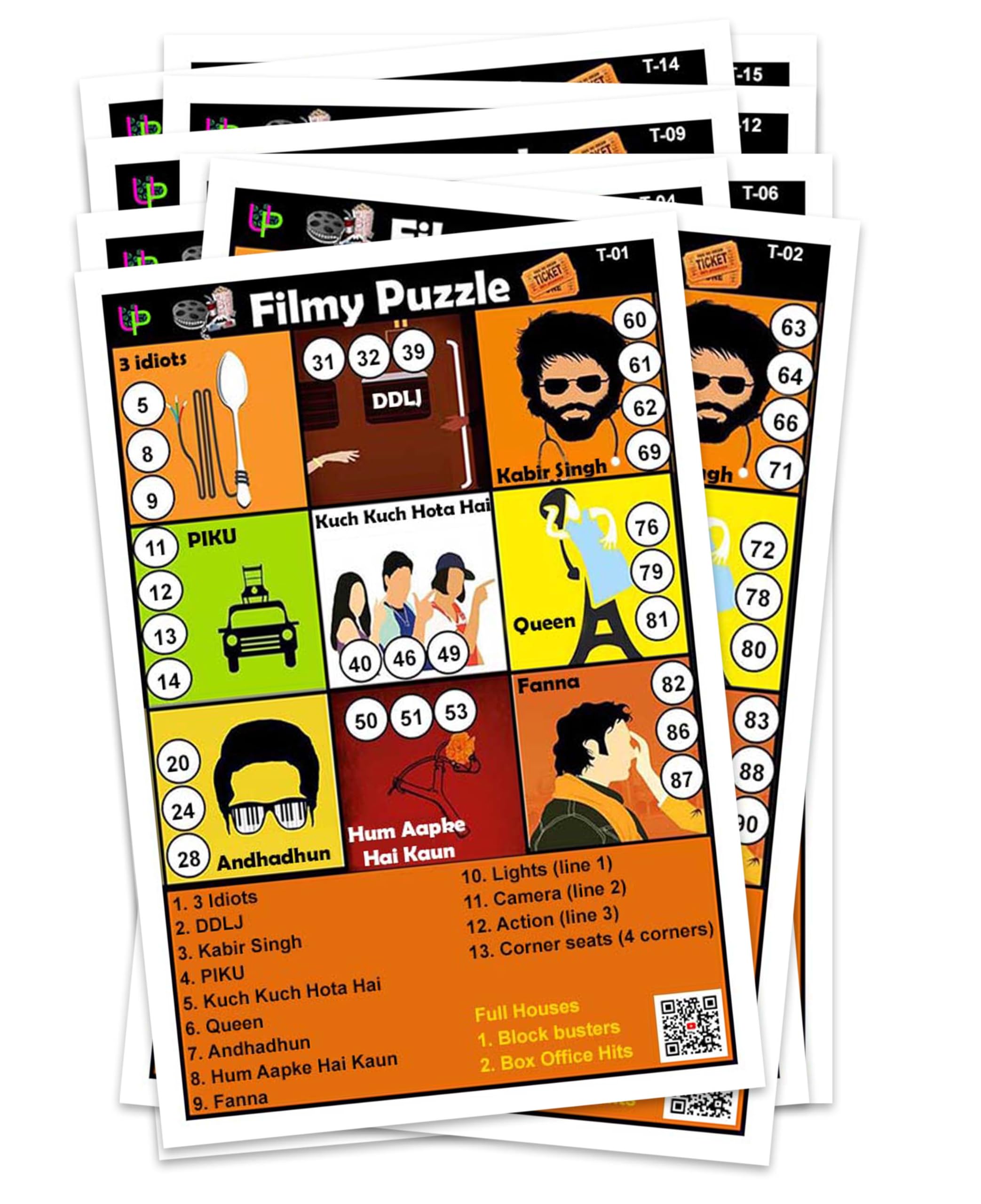 Bollywood Theme Tambola Tickets - Filmy Puzzle Edition (English) | Entertaining Bingo Housie Game for Bollywood Fans | Fun Game for Kitty Parties & Events (Set of 15 Tickets)-image-34
